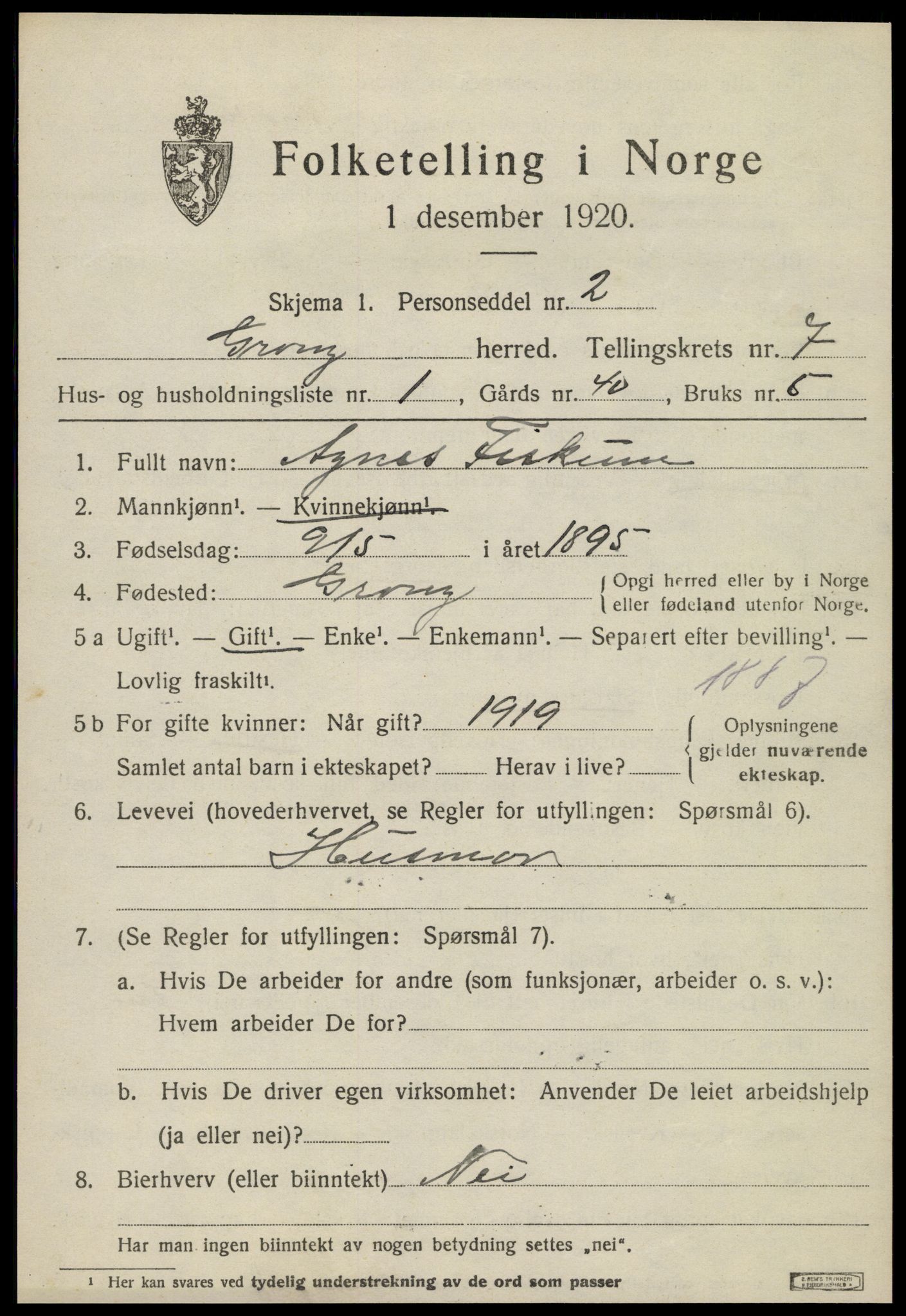 SAT, 1920 census for Grong, 1920, p. 4119