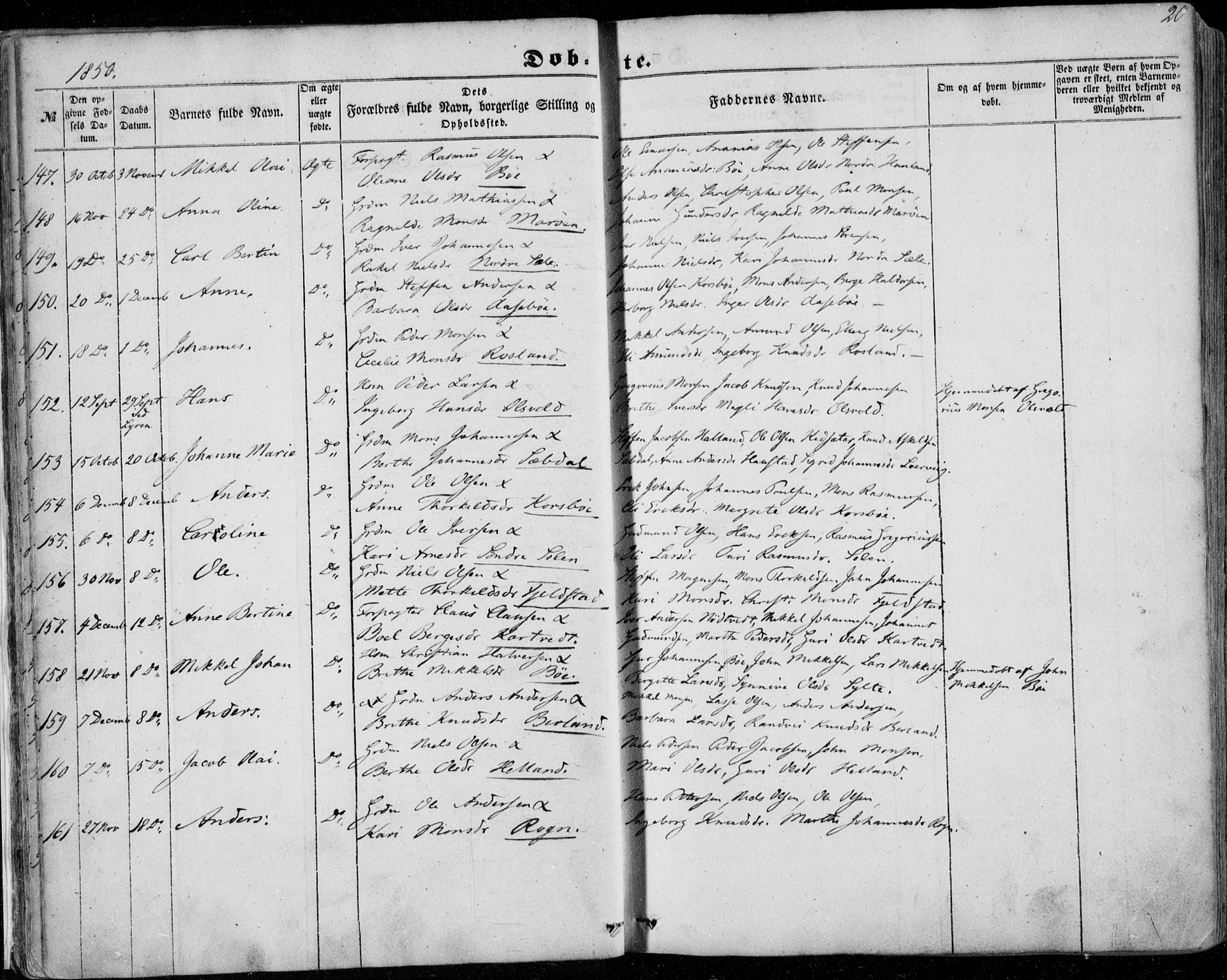 Manger sokneprestembete, SAB/A-76801/H/Haa: Parish register (official) no. A 6, 1849-1859, p. 20