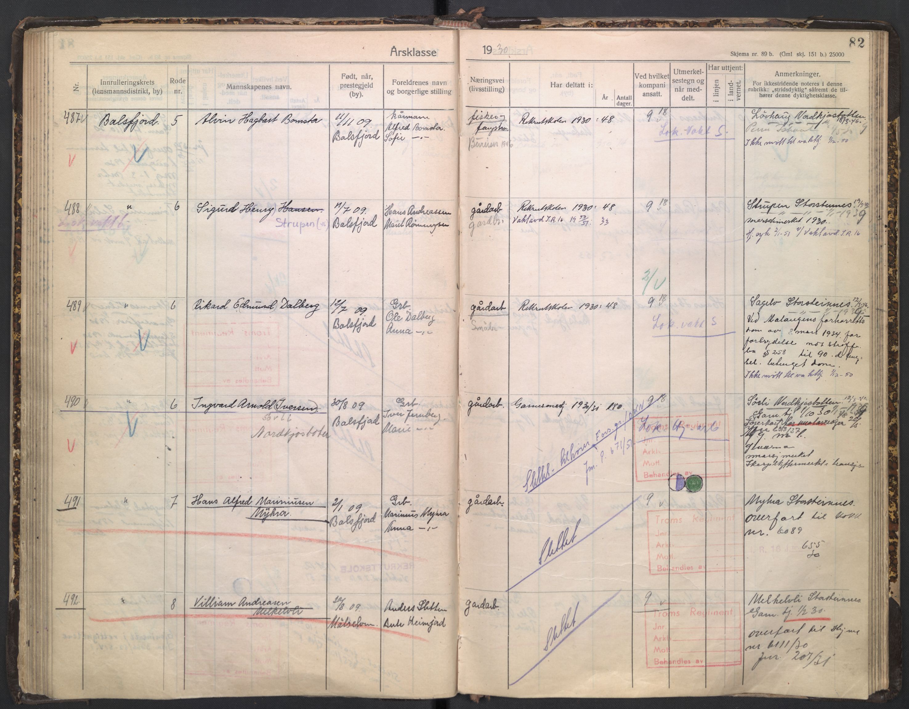 Forsvaret, Troms infanteriregiment nr. 16, AV/RA-RAFA-3146/P/Pa/L0005/0003: Ruller / Rulle for regimentets stridende menige mannskaper, årsklasse 1930, 1930, p. 82