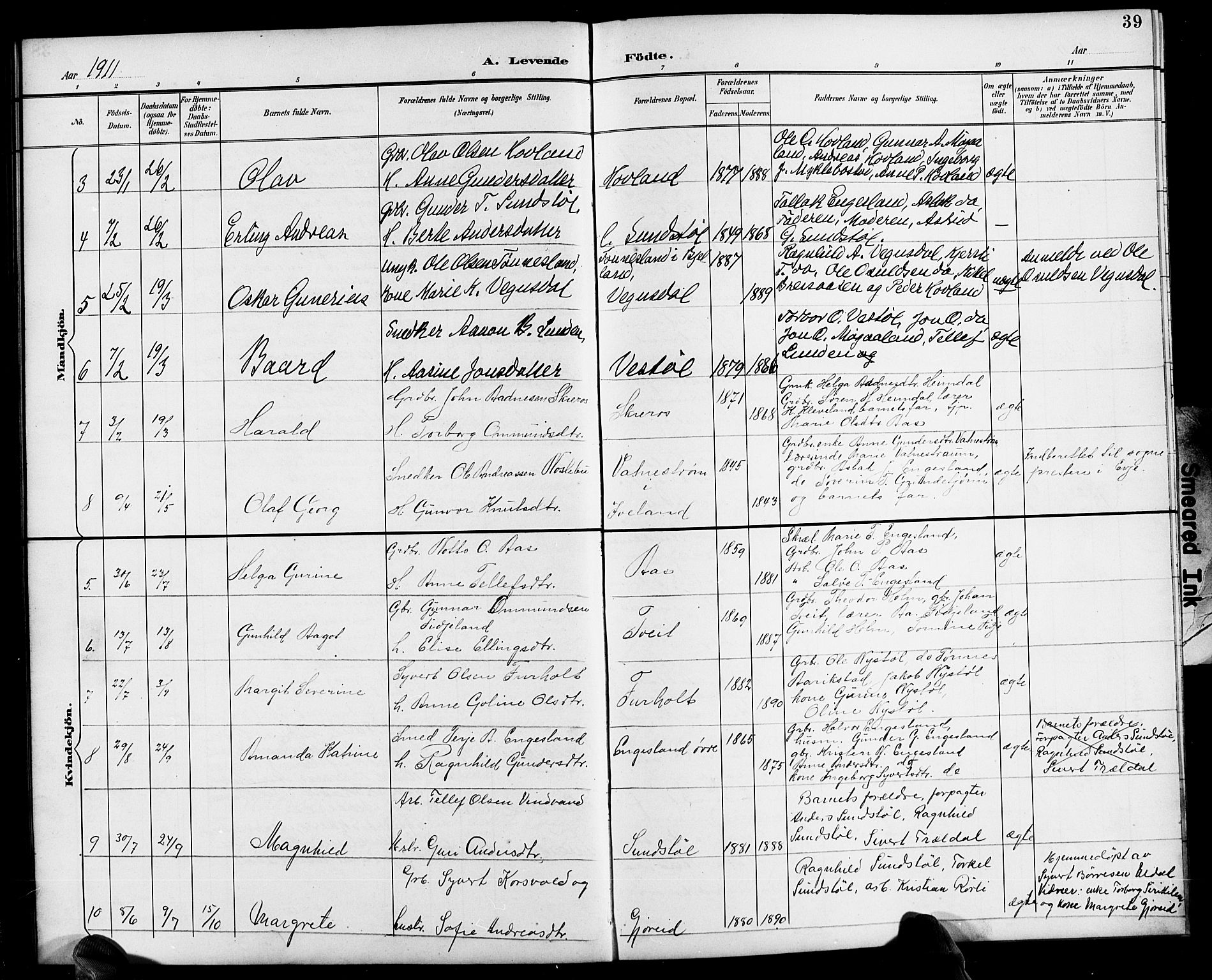 Herefoss sokneprestkontor, AV/SAK-1111-0019/F/Fb/Fbb/L0003: Parish register (copy) no. B 3, 1892-1917, p. 39