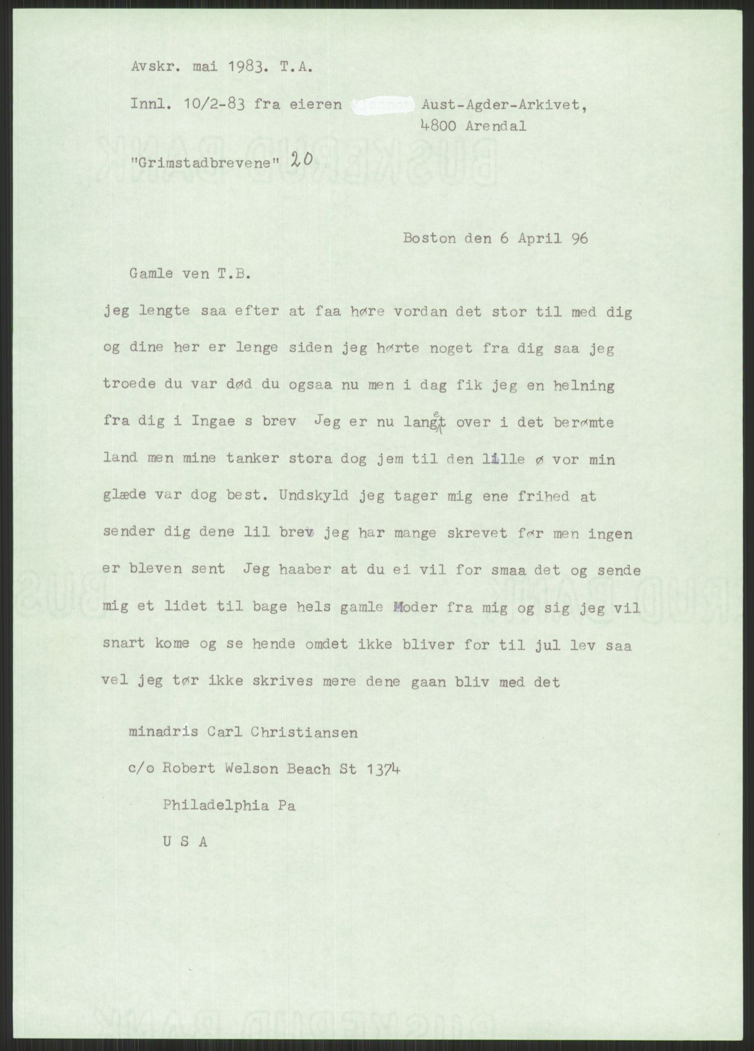 Samlinger til kildeutgivelse, Amerikabrevene, AV/RA-EA-4057/F/L0025: Innlån fra Aust-Agder: Aust-Agder-Arkivet, Grimstadbrevene, 1838-1914, p. 185