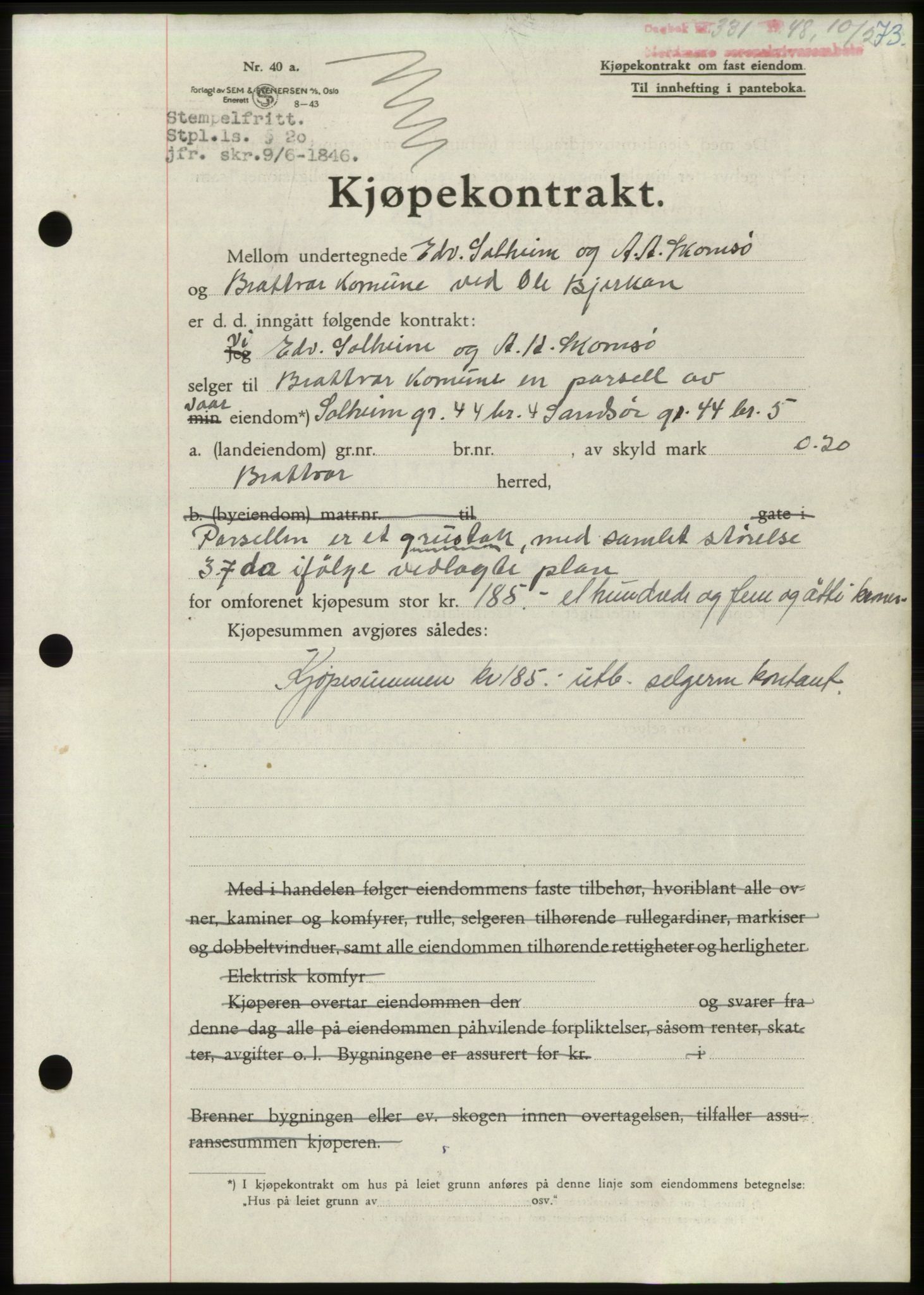 Nordmøre sorenskriveri, AV/SAT-A-4132/1/2/2Ca: Mortgage book no. B98, 1948-1948, Diary no: : 331/1948