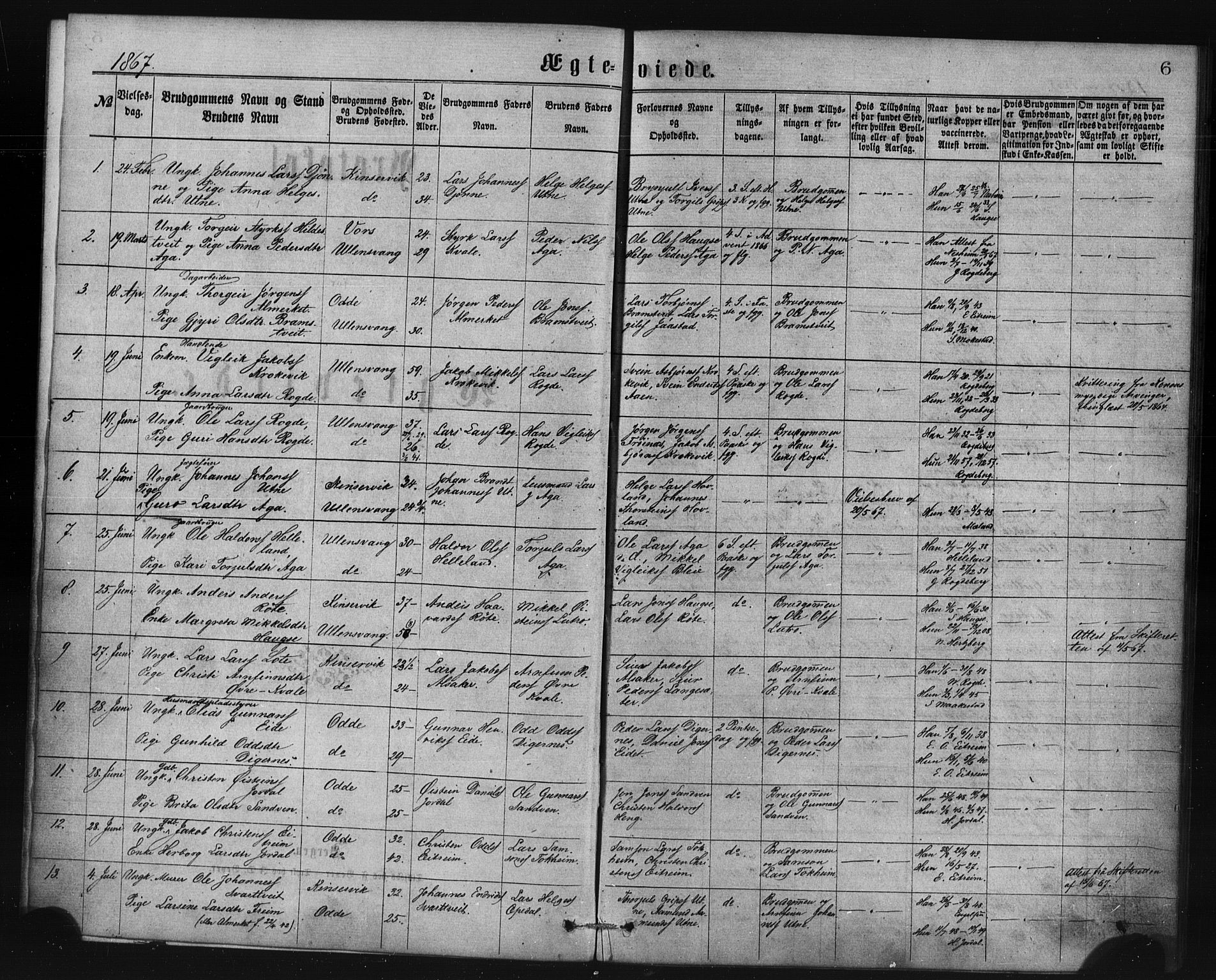 Ullensvang sokneprestembete, SAB/A-78701/H/Haa: Parish register (official) no. A 14, 1867-1882, p. 6