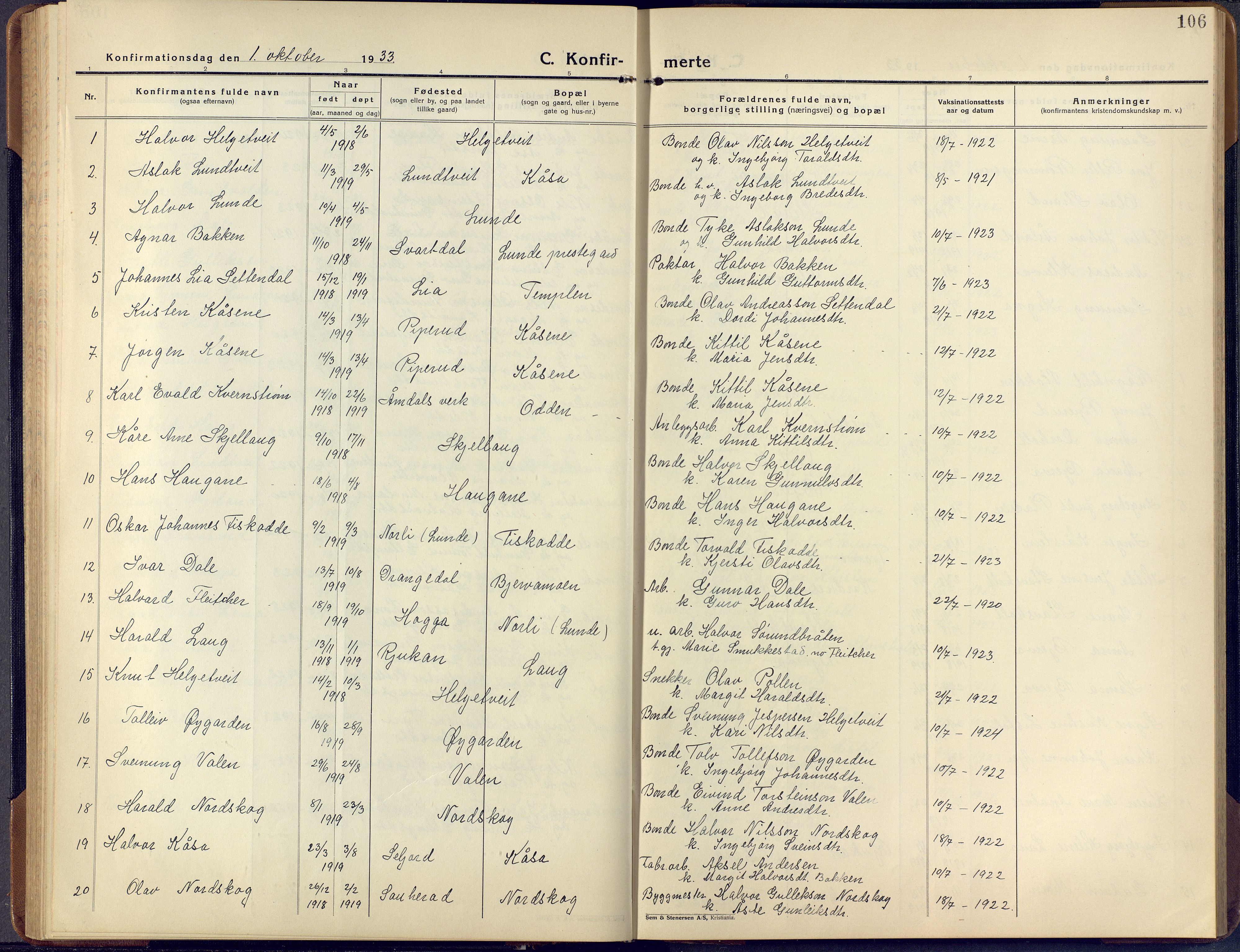 Lunde kirkebøker, SAKO/A-282/F/Fa/L0006: Parish register (official) no. I 6, 1922-1940, p. 106