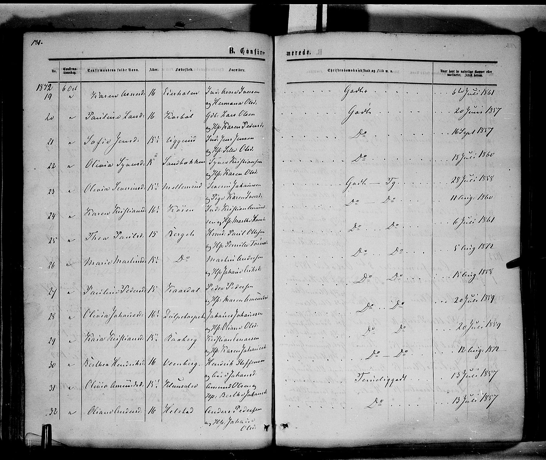 Hof prestekontor, SAH/PREST-038/H/Ha/Haa/L0009: Parish register (official) no. 9, 1862-1877, p. 182