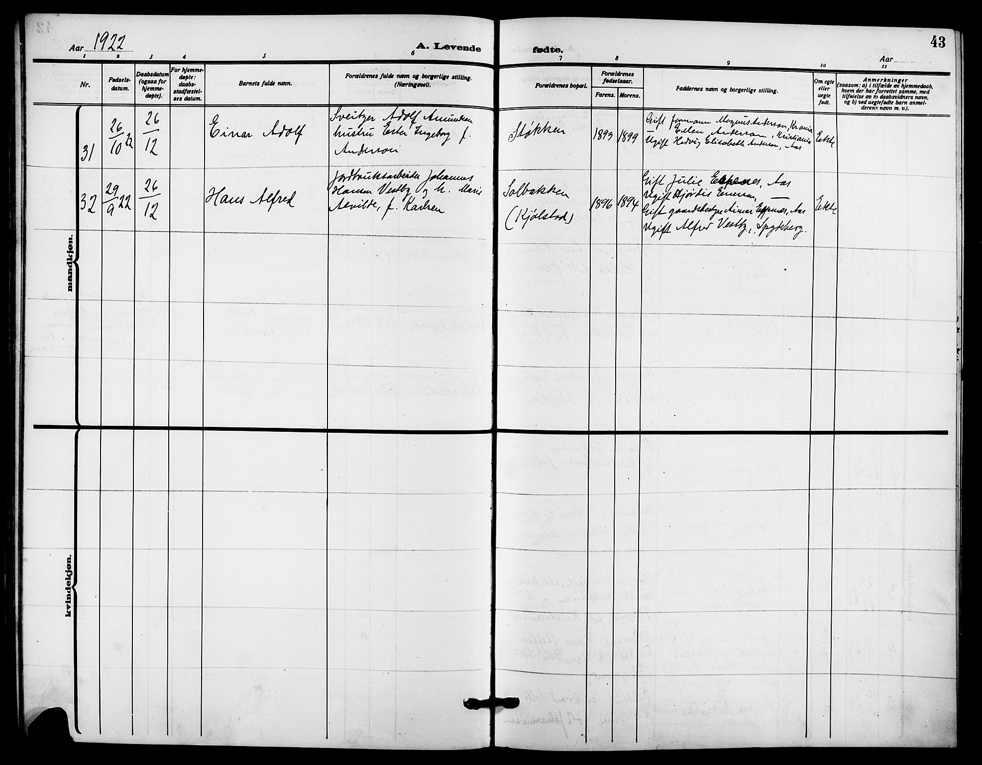 Ås prestekontor Kirkebøker, SAO/A-10894/G/Ga/L0005: Parish register (copy) no. I 5, 1916-1924, p. 43