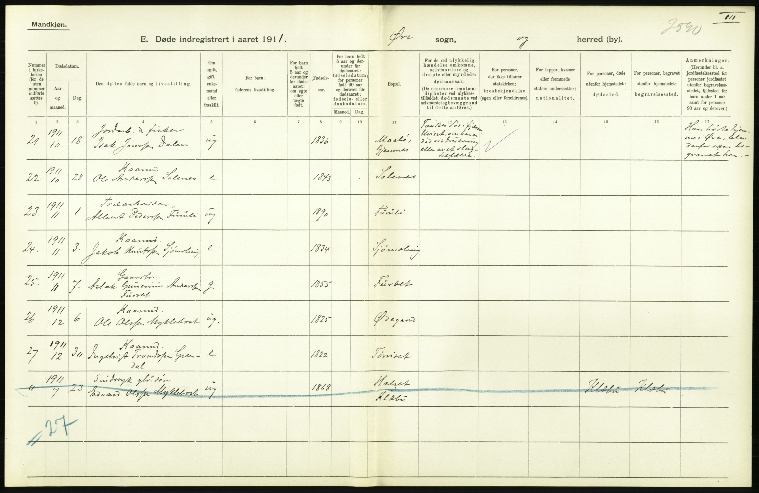 Statistisk sentralbyrå, Sosiodemografiske emner, Befolkning, AV/RA-S-2228/D/Df/Dfb/Dfba/L0038: Romsdals amt:  Døde. Bygder og byer., 1911, p. 30