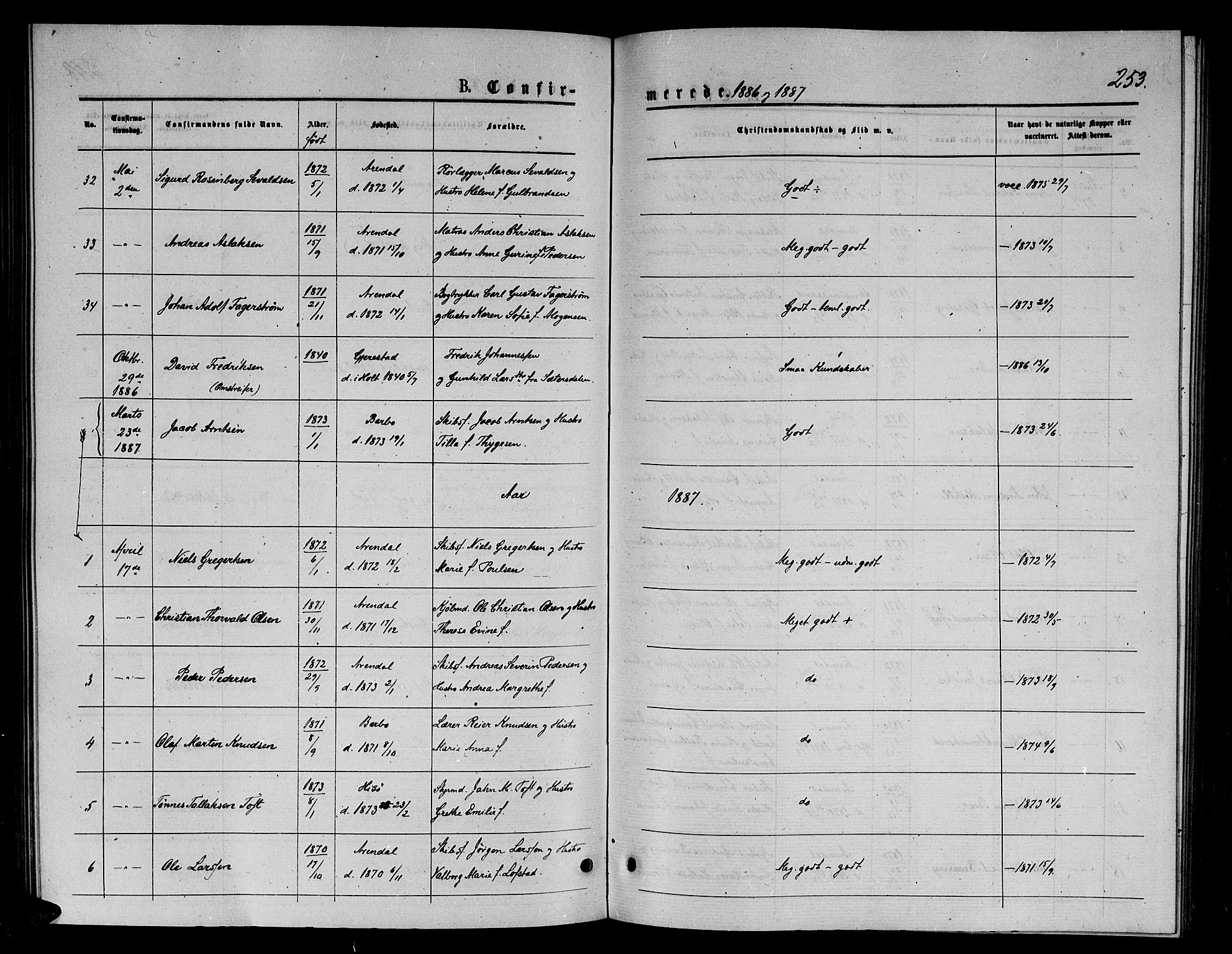 Arendal sokneprestkontor, Trefoldighet, AV/SAK-1111-0040/F/Fb/L0005: Parish register (copy) no. B 5, 1874-1888, p. 253