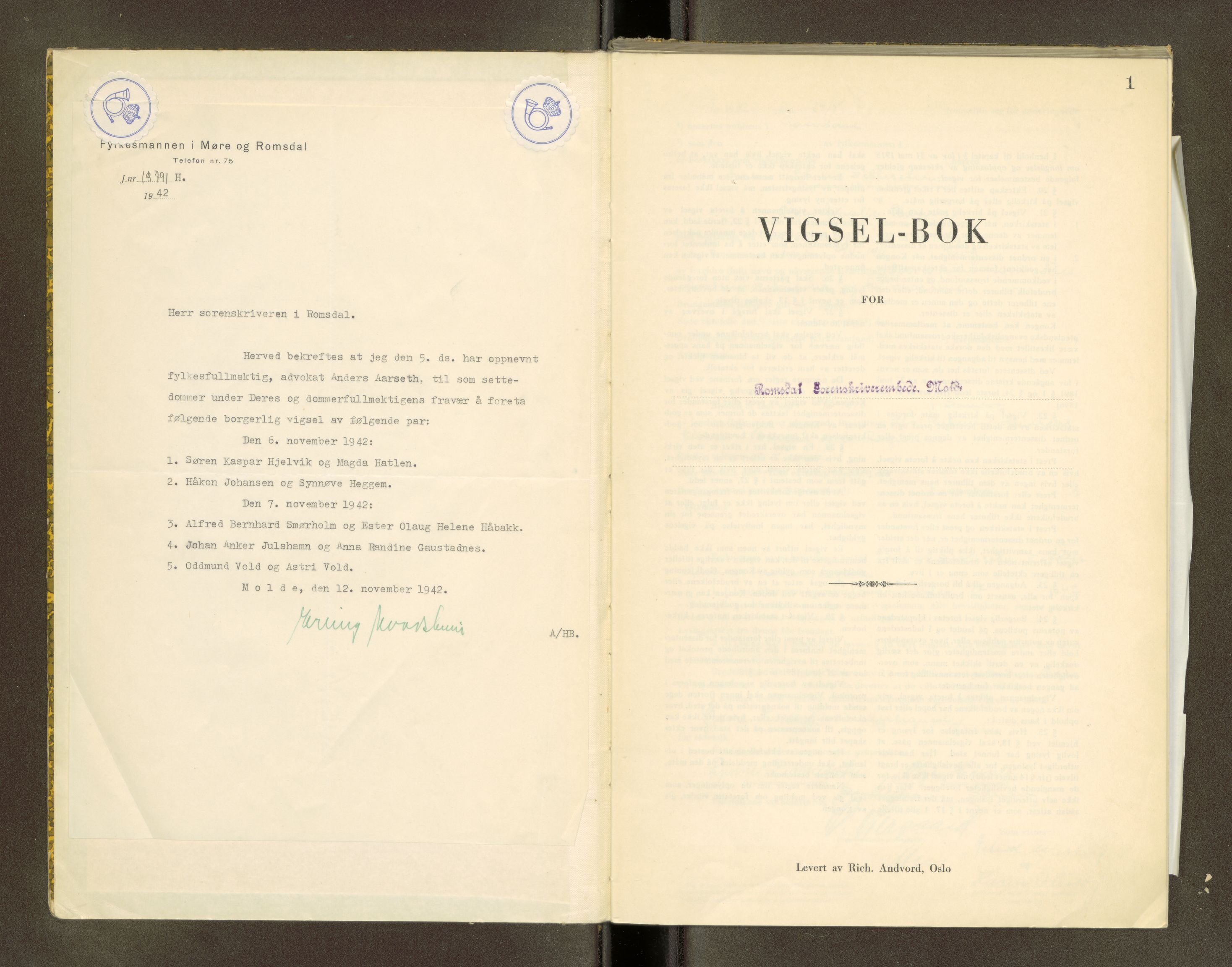 Romsdal sorenskriveri, SAT/A-4149/1/6/6D/L0005: Vigselbok, 1942-1943, p. 1