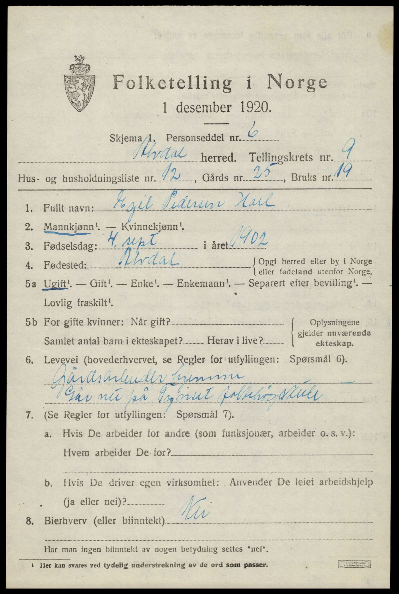 SAH, 1920 census for Alvdal, 1920, p. 5090