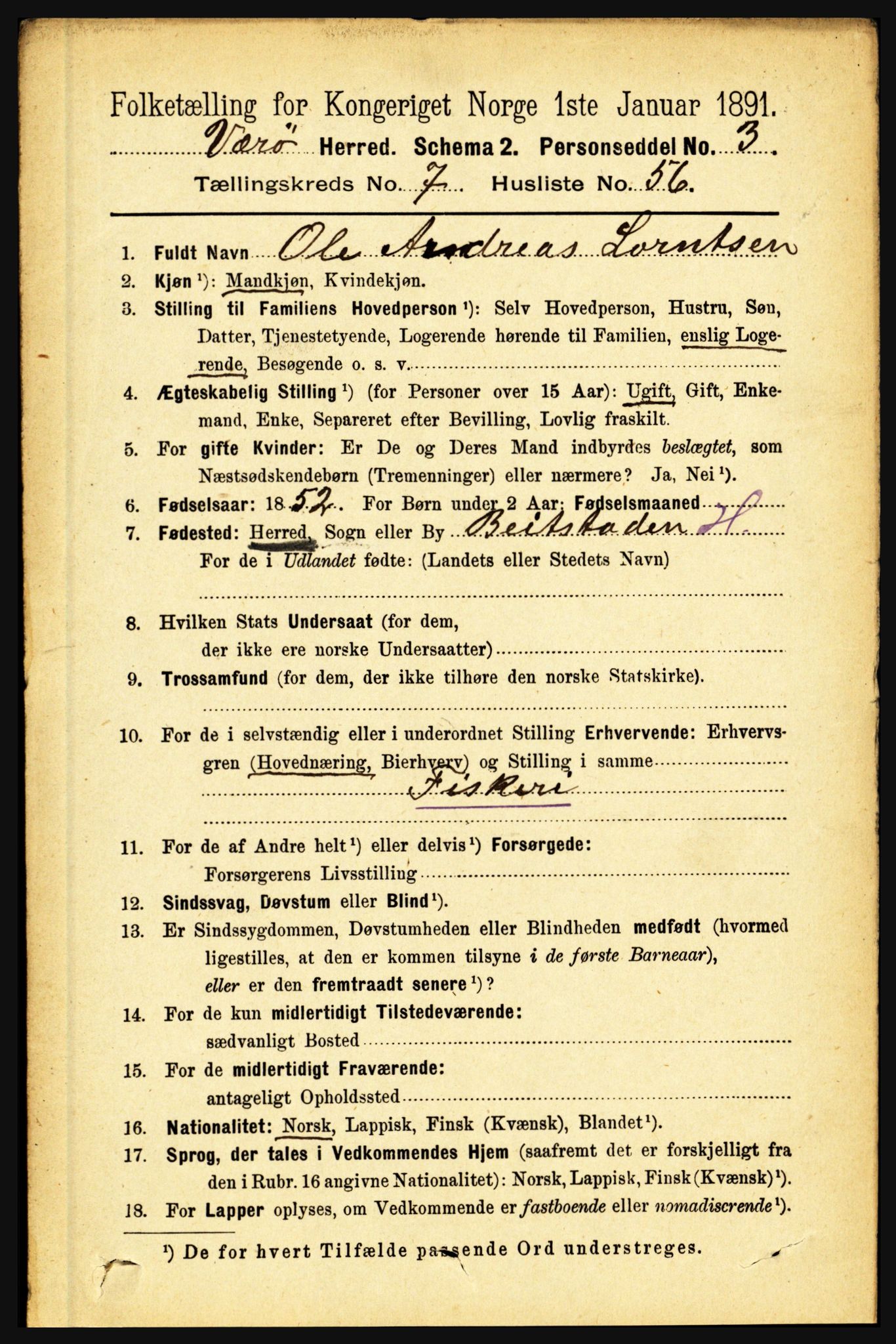 RA, 1891 census for 1857 Værøy, 1891, p. 1109