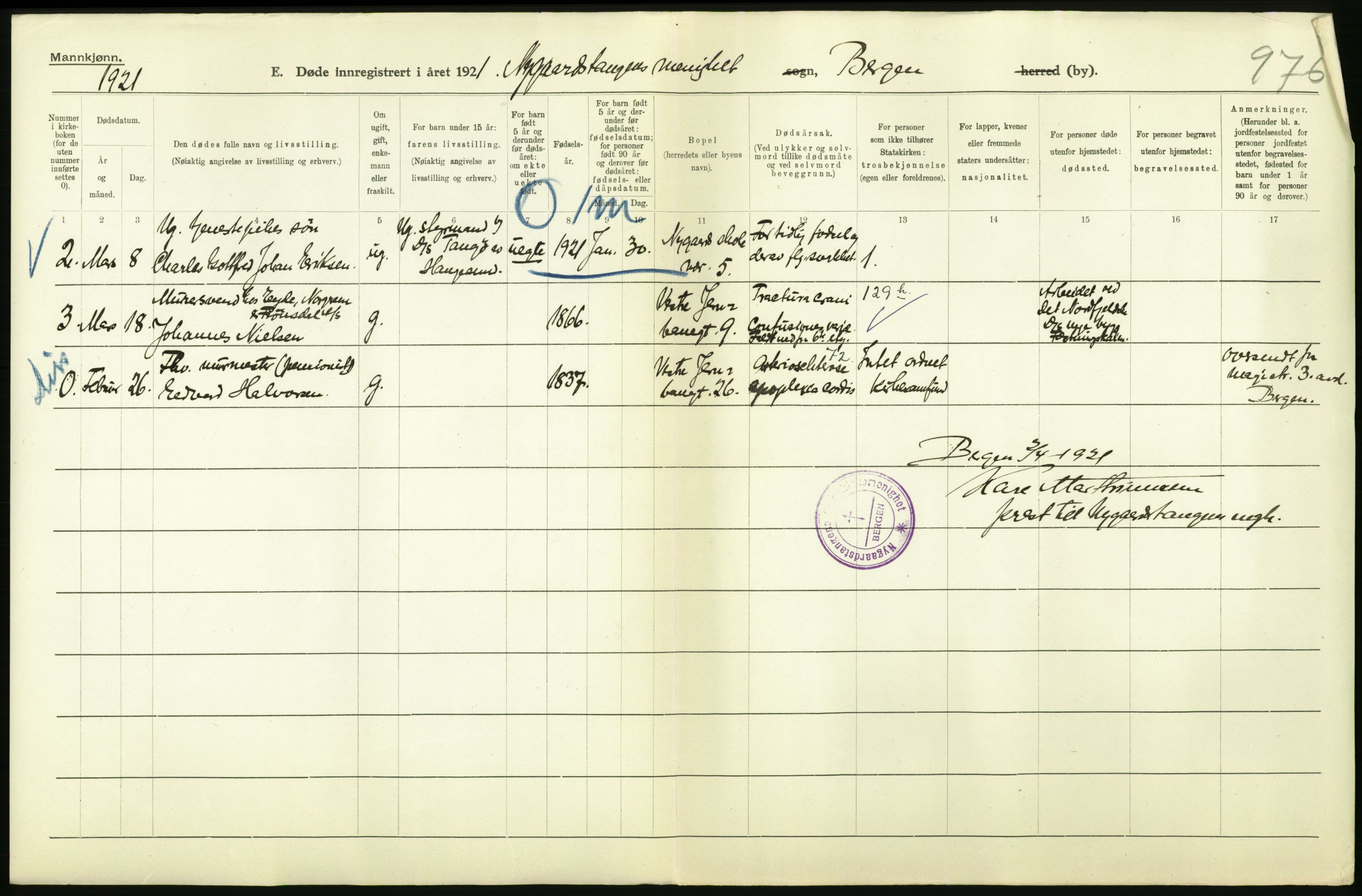 Statistisk sentralbyrå, Sosiodemografiske emner, Befolkning, AV/RA-S-2228/D/Df/Dfc/Dfca/L0036: Bergen: Døde., 1921, p. 198