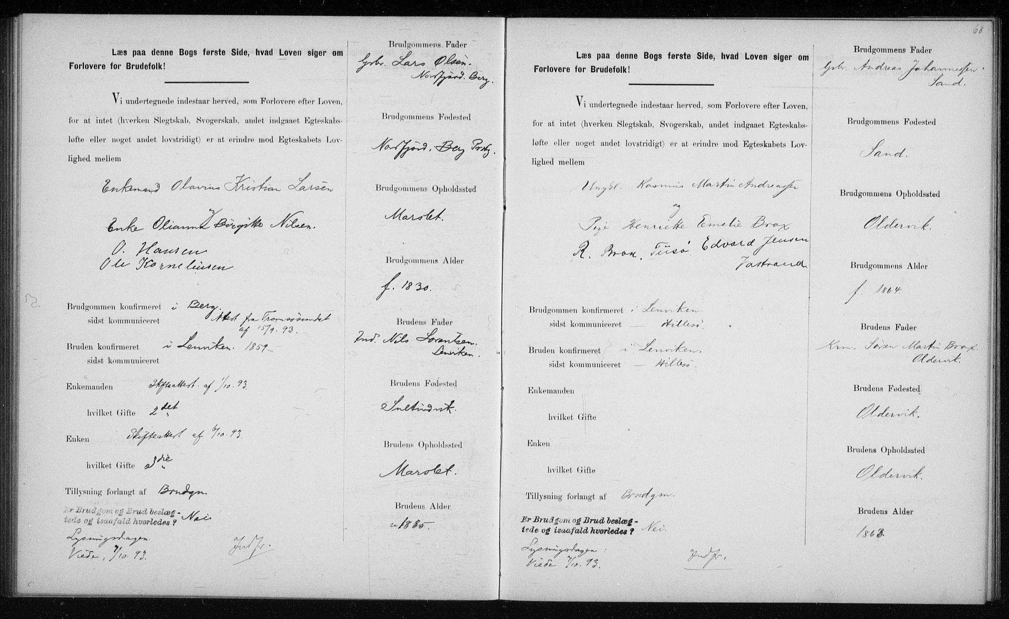 Lenvik sokneprestembete, AV/SATØ-S-1310/I/Ie/L0129: Banns register no. 129, 1890-1895, p. 68