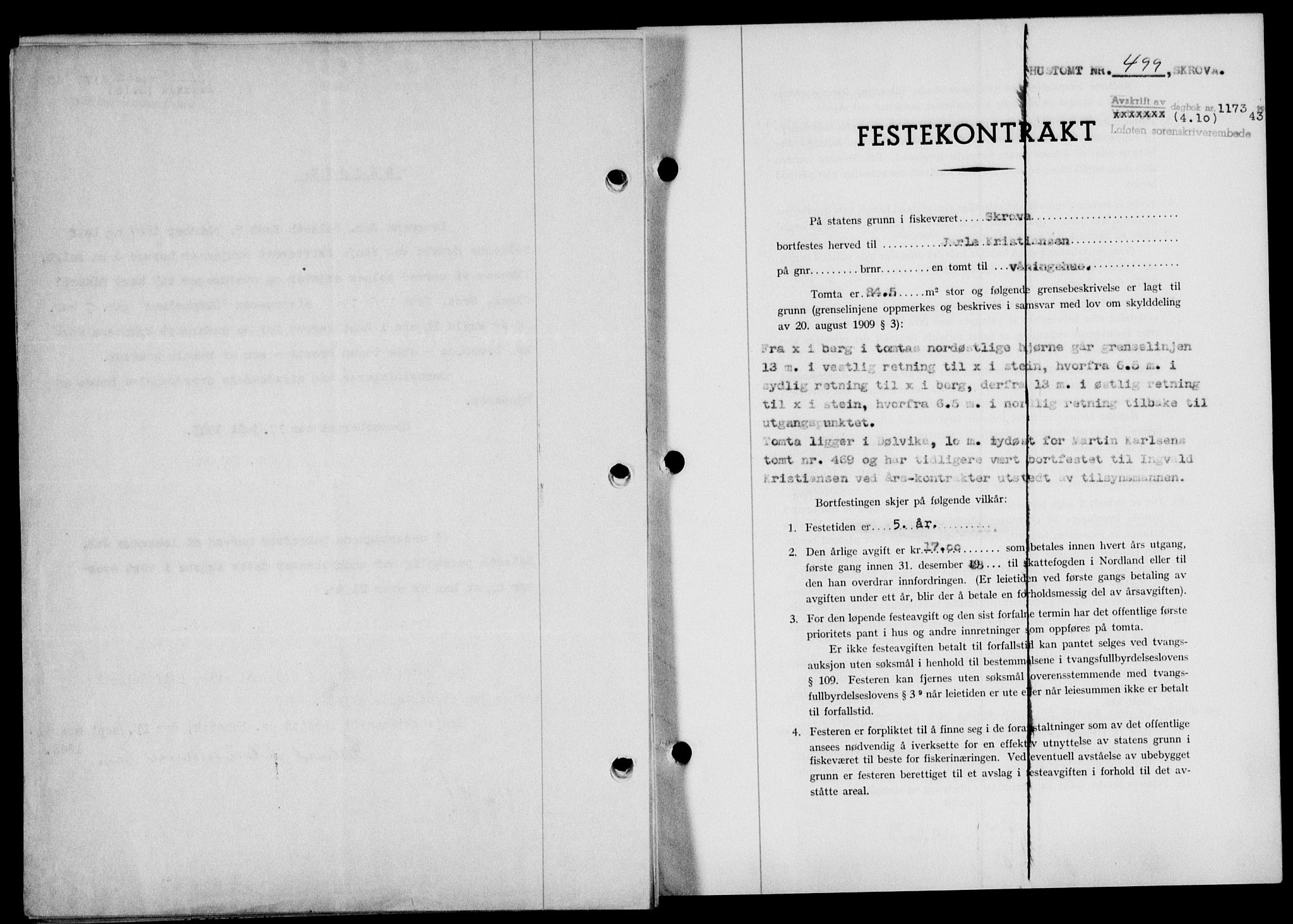 Lofoten sorenskriveri, SAT/A-0017/1/2/2C/L0011a: Mortgage book no. 11a, 1943-1943, Diary no: : 1173/1943