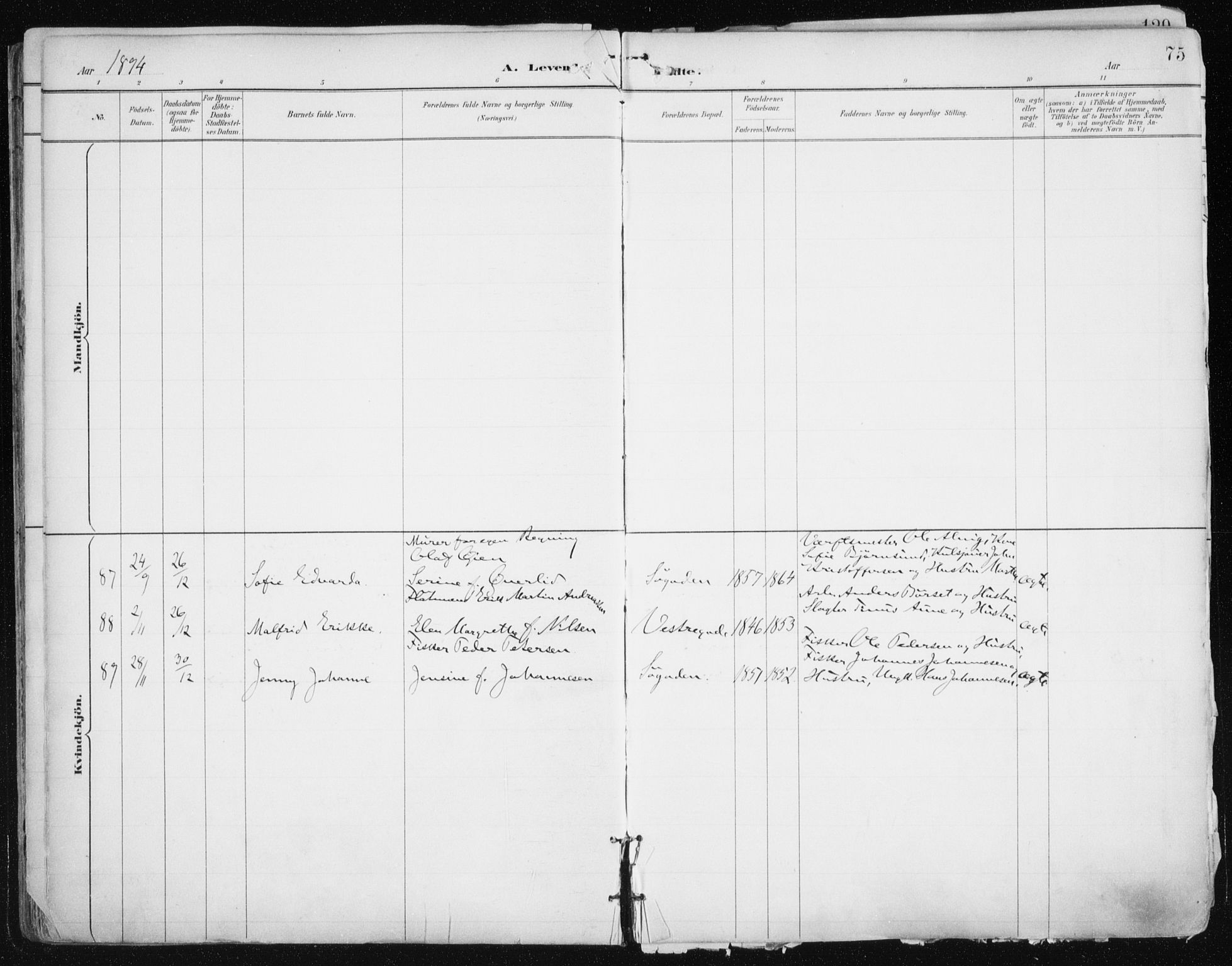 Tromsø sokneprestkontor/stiftsprosti/domprosti, AV/SATØ-S-1343/G/Ga/L0015kirke: Parish register (official) no. 15, 1889-1899, p. 75