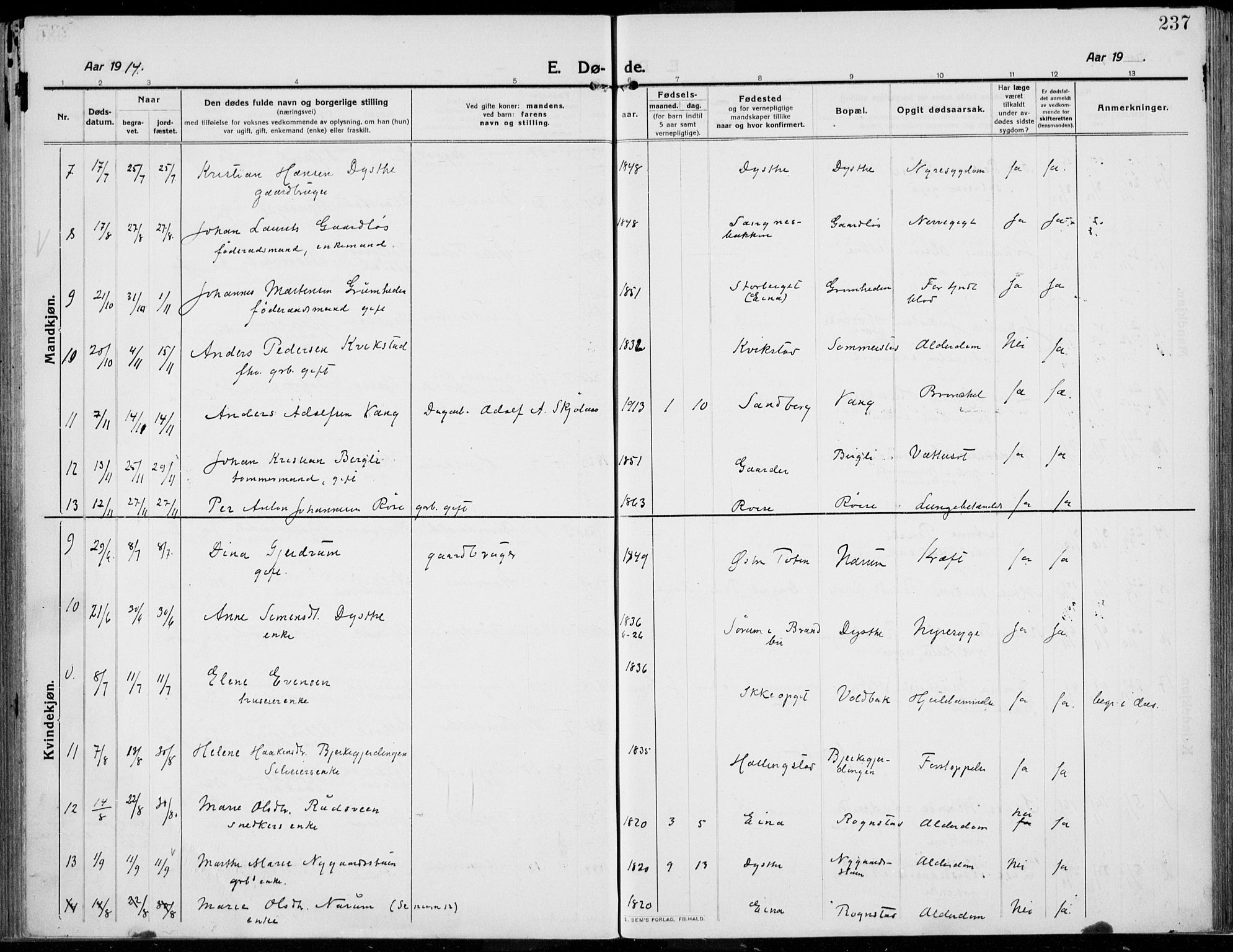 Kolbu prestekontor, SAH/PREST-110/H/Ha/Haa/L0002: Parish register (official) no. 2, 1912-1926, p. 237