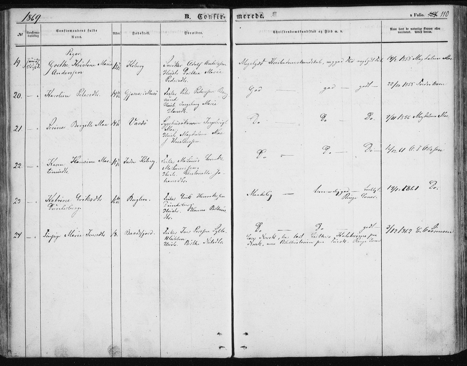 Vardø sokneprestkontor, SATØ/S-1332/H/Ha/L0004kirke: Parish register (official) no. 4, 1862-1871, p. 110