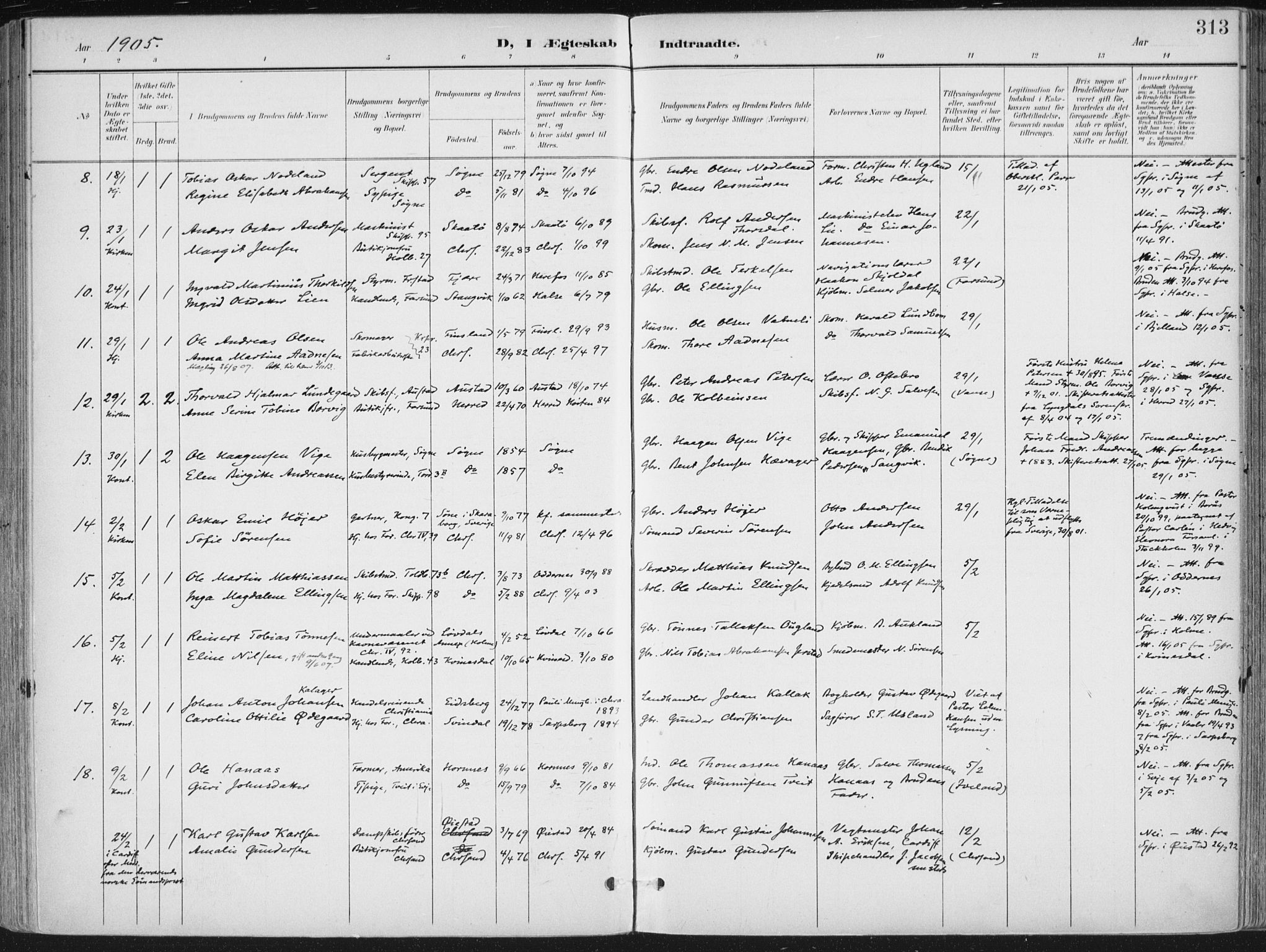 Kristiansand domprosti, AV/SAK-1112-0006/F/Fa/L0021: Parish register (official) no. A 20, 1898-1908, p. 313