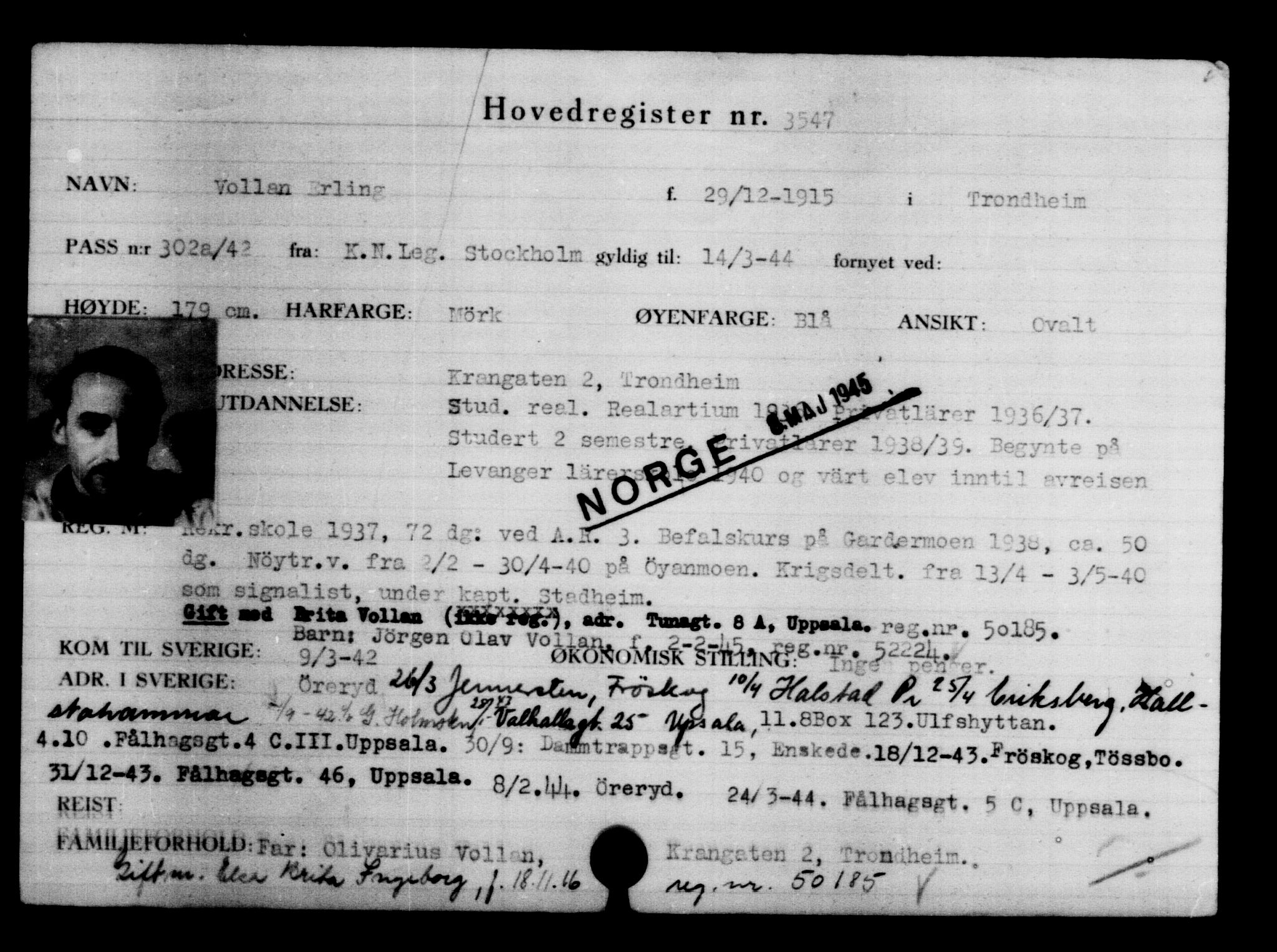 Utenriksstasjonene, Legasjonen i Stockholm, Flyktningkontoret, AV/RA-S-6753/V/Va/L0004: Kjesäterkartoteket, flyktninger med registreringsnr. 3496-6610, 1940-1945, p. 61