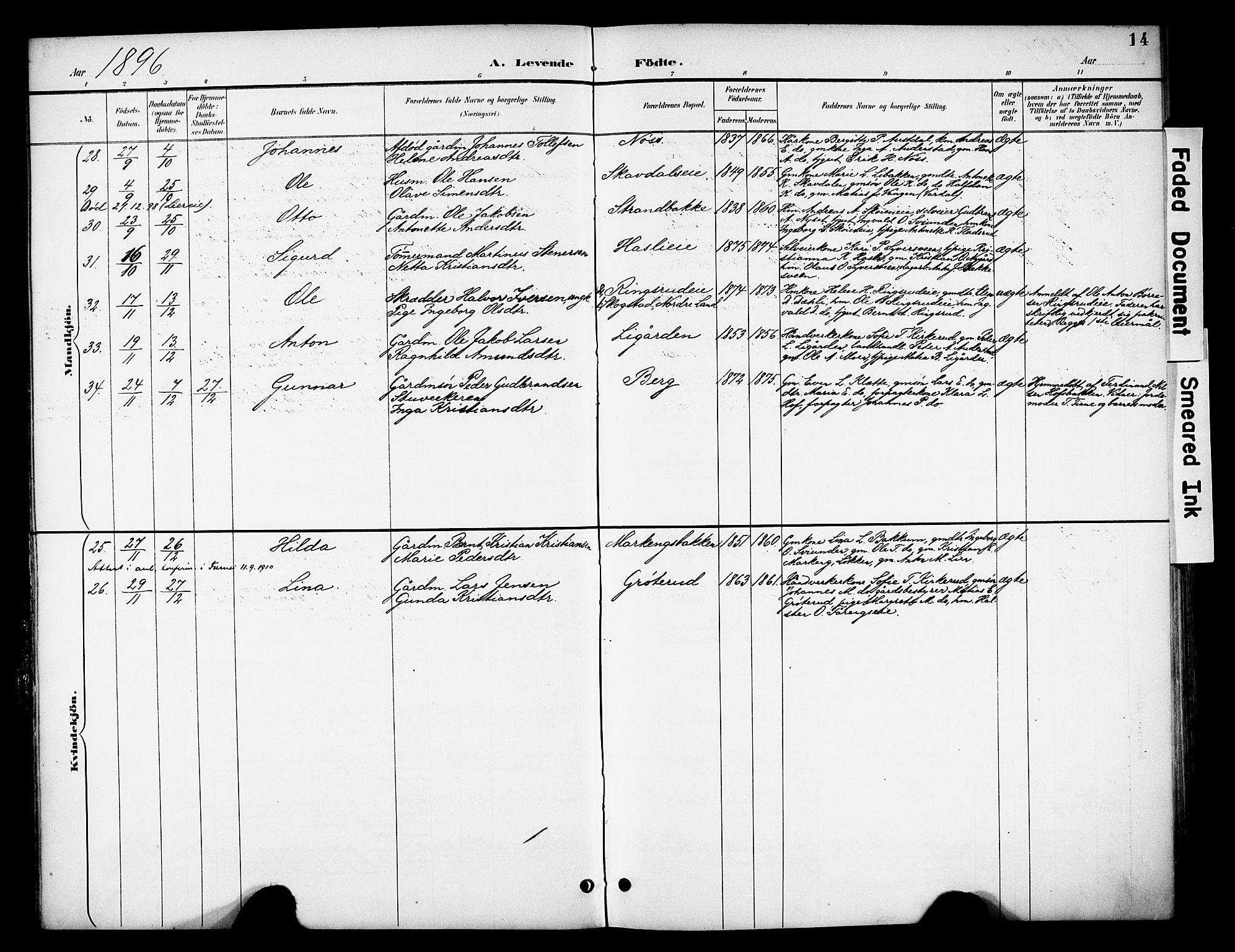 Biri prestekontor, SAH/PREST-096/H/Ha/Haa/L0008: Parish register (official) no. 8, 1894-1901, p. 14