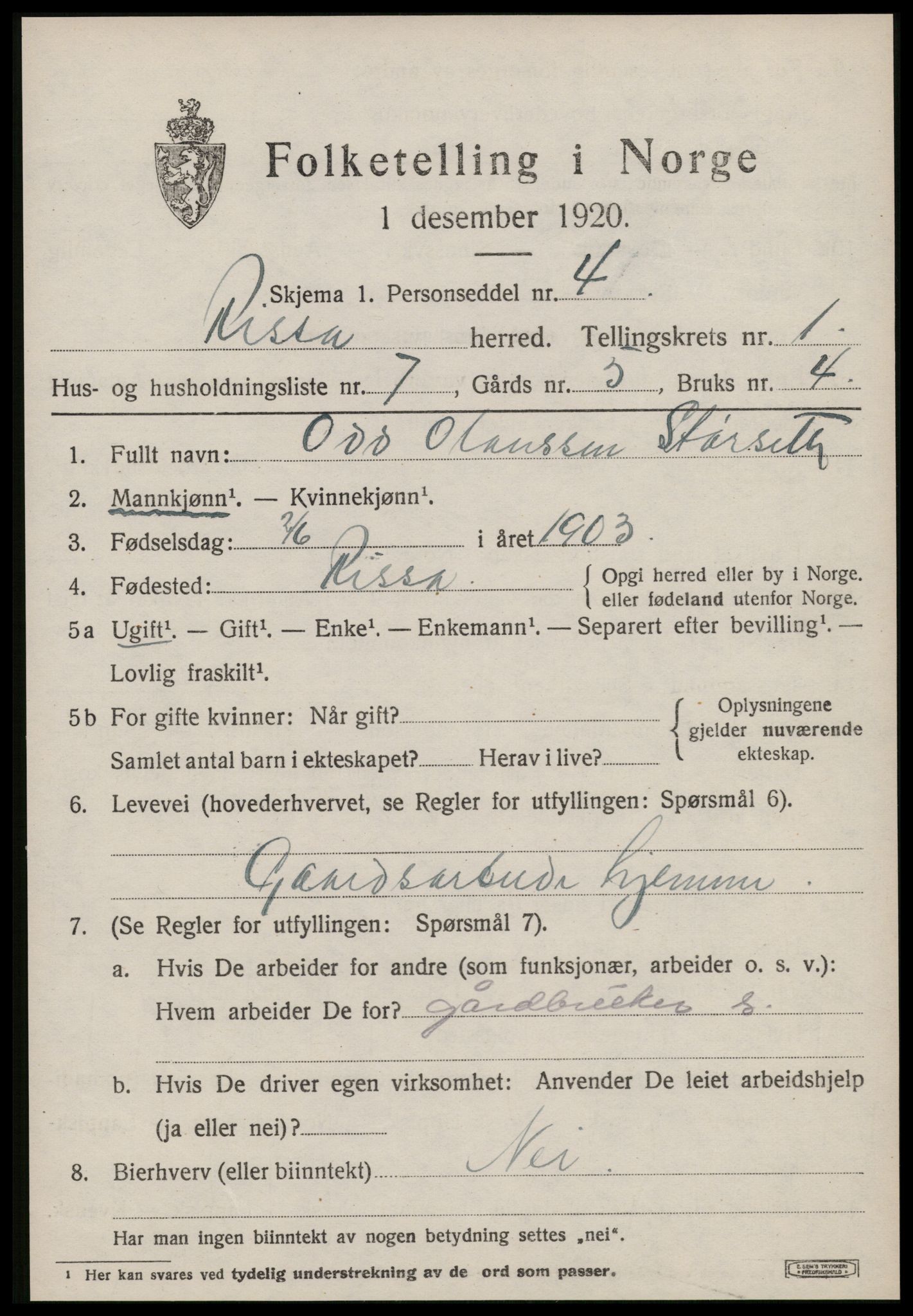 SAT, 1920 census for Rissa, 1920, p. 1151