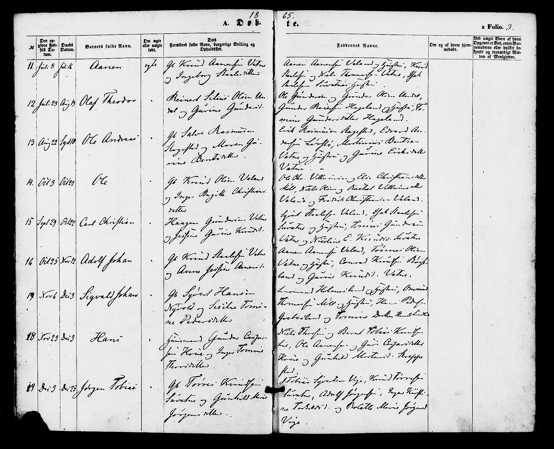 Holum sokneprestkontor, AV/SAK-1111-0022/F/Fa/Faa/L0006: Parish register (official) no. A 6, 1865-1883, p. 3