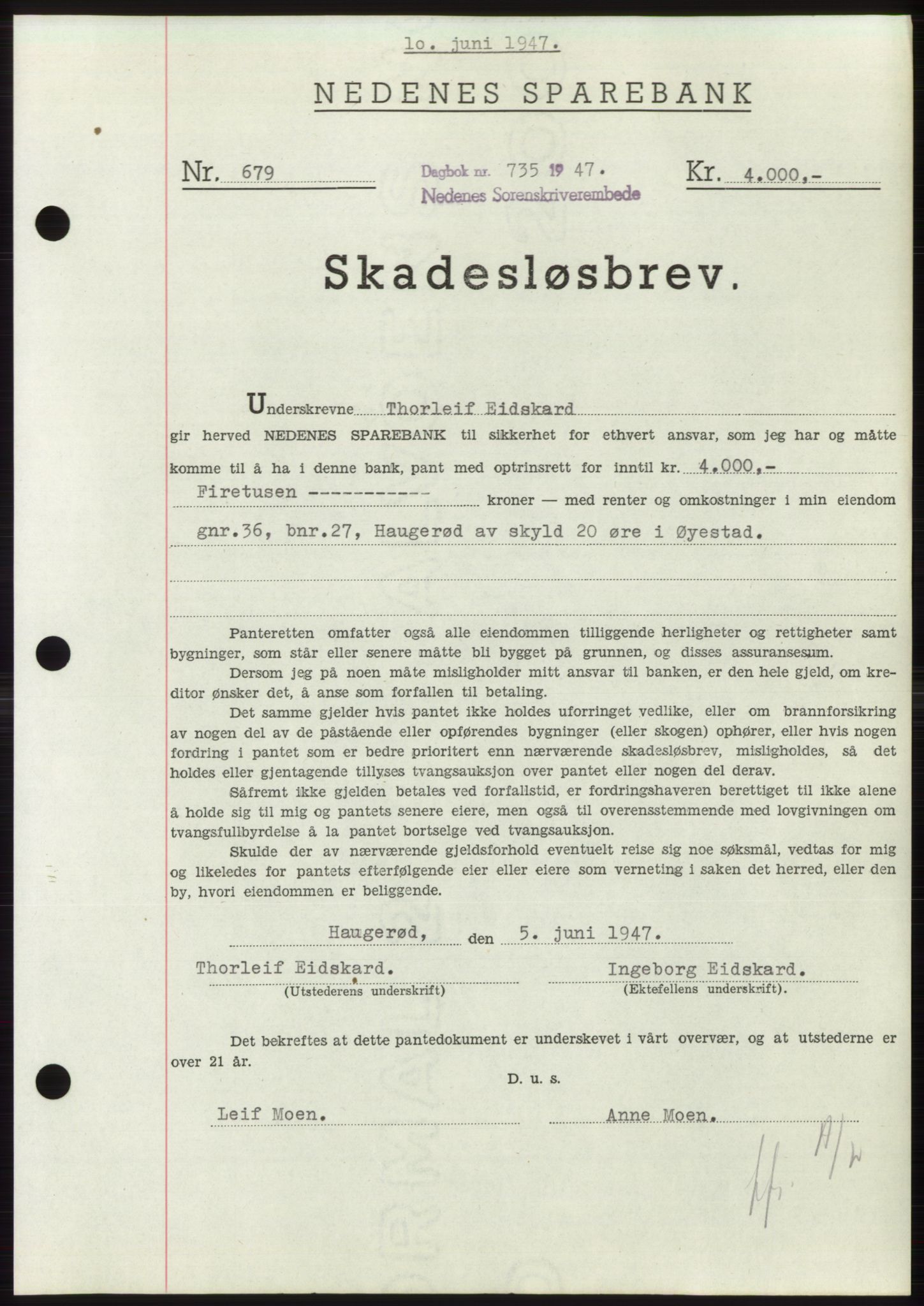 Nedenes sorenskriveri, AV/SAK-1221-0006/G/Gb/Gbb/L0004: Mortgage book no. B4, 1947-1947, Diary no: : 735/1947