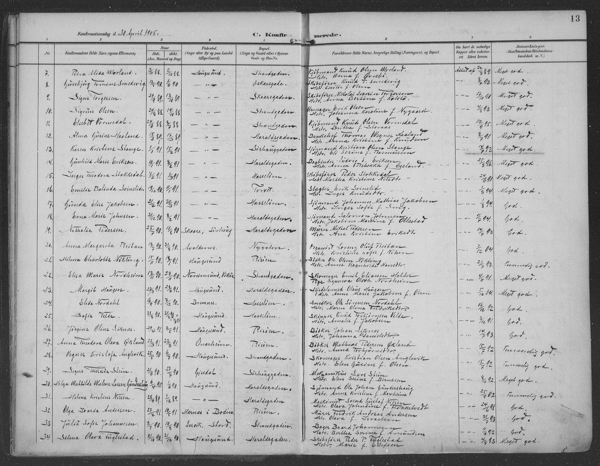 Haugesund sokneprestkontor, AV/SAST-A -101863/H/Ha/Haa/L0007: Parish register (official) no. A 7, 1904-1916, p. 13