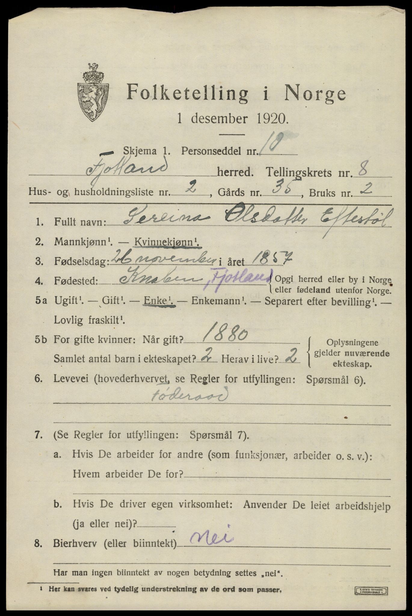 SAK, 1920 census for Fjotland, 1920, p. 2024