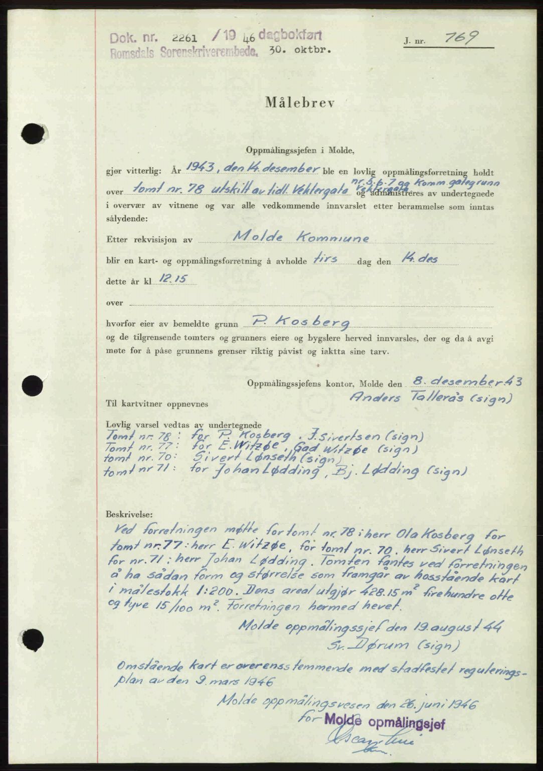 Romsdal sorenskriveri, AV/SAT-A-4149/1/2/2C: Mortgage book no. A21, 1946-1946, Diary no: : 2261/1946