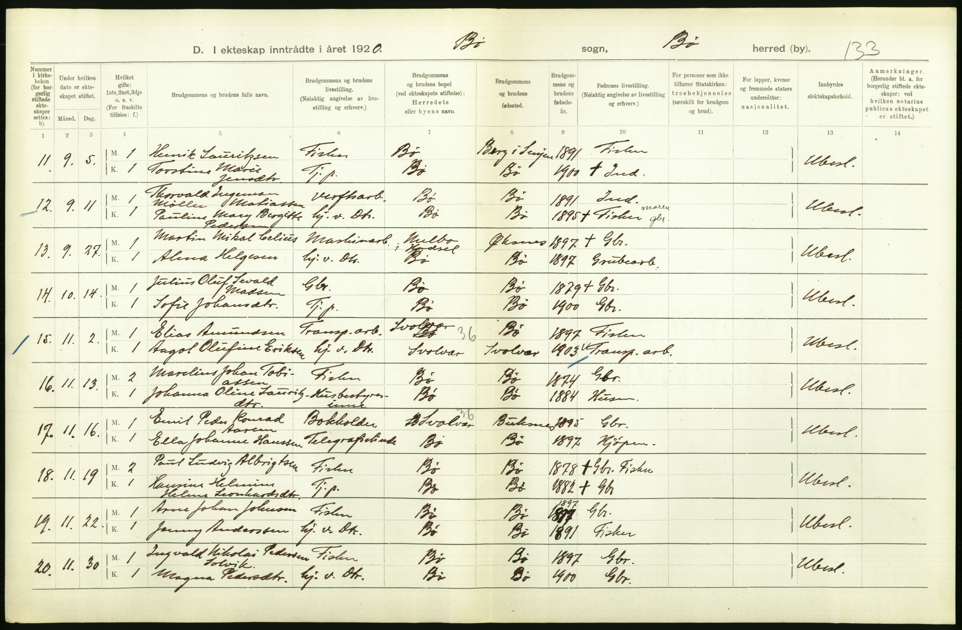 Statistisk sentralbyrå, Sosiodemografiske emner, Befolkning, AV/RA-S-2228/D/Df/Dfb/Dfbj/L0057: Nordland fylke: Gifte, dødfødte. Bygder og byer., 1920, p. 280