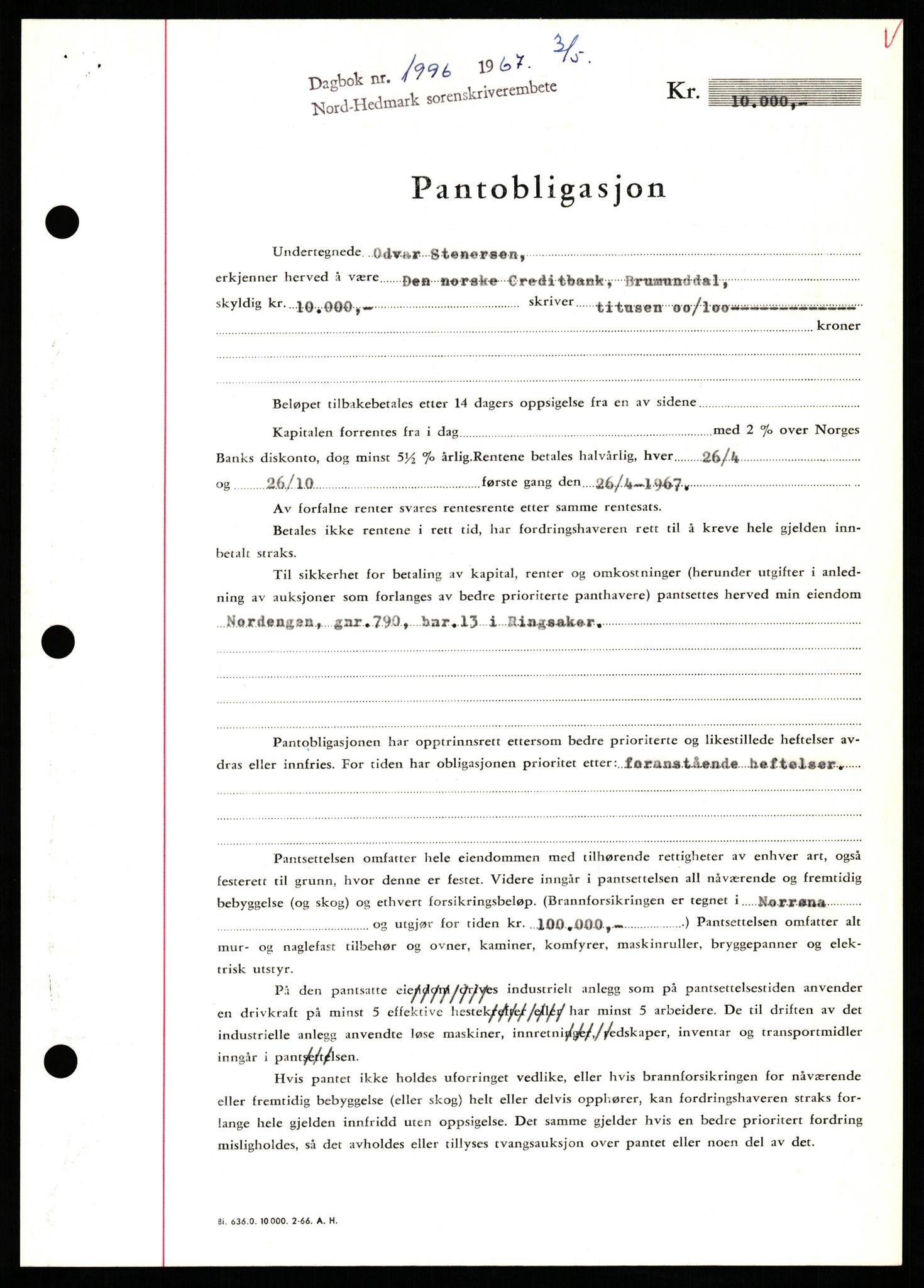 Nord-Hedmark sorenskriveri, SAH/TING-012/H/Hb/Hbf/L0071: Mortgage book no. B71, 1967-1967, Diary no: : 1996/1967