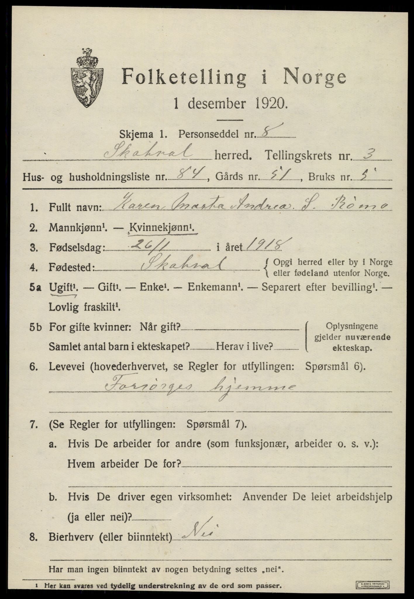 SAT, 1920 census for Skatval, 1920, p. 2449