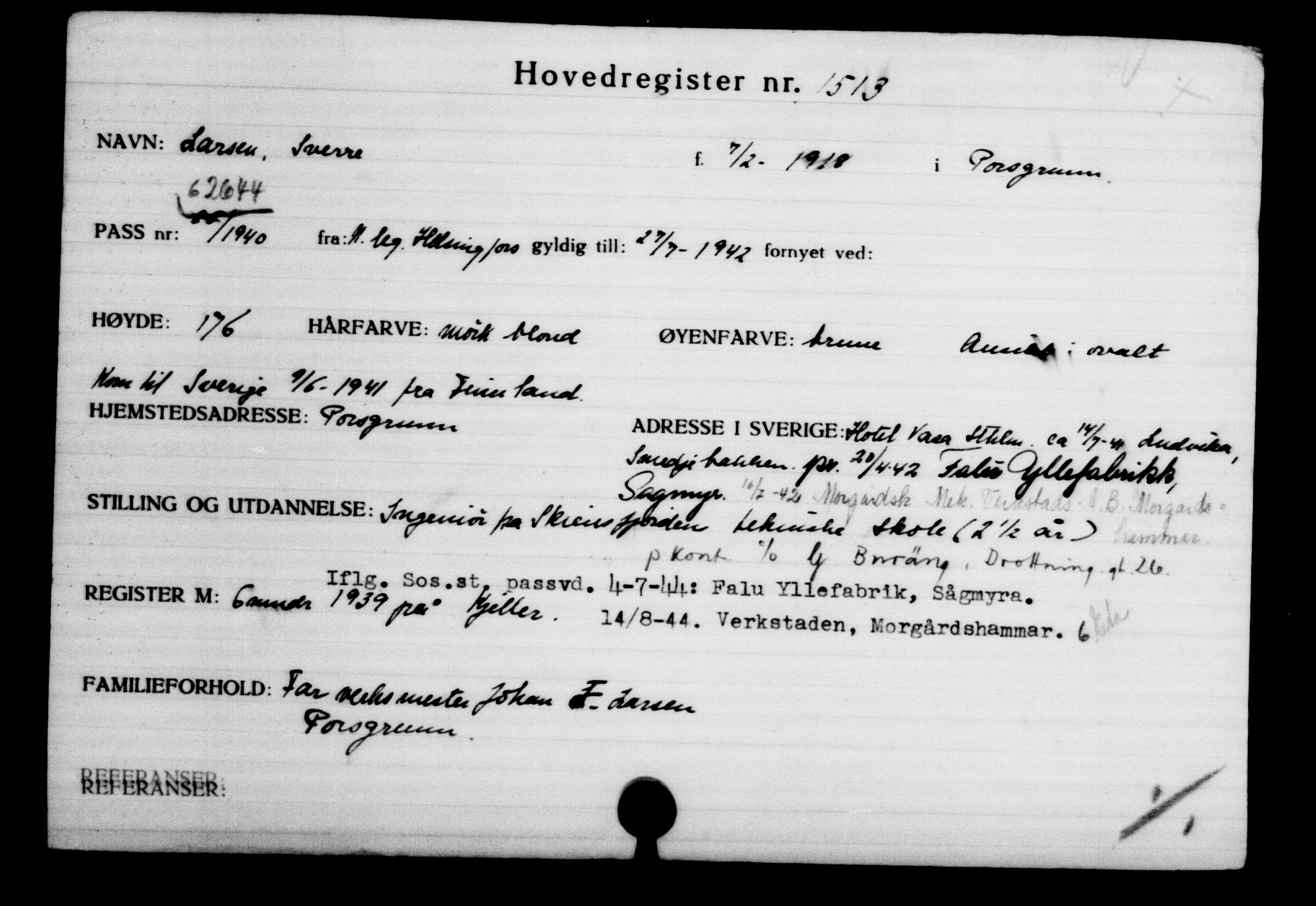 Utenriksstasjonene, Legasjonen i Stockholm, Flyktningkontoret, AV/RA-S-6753/V/Va/L0002: Kjesäterkartoteket, flyktninger med registreringsnr. 1001-2000, 1940-1945, p. 724