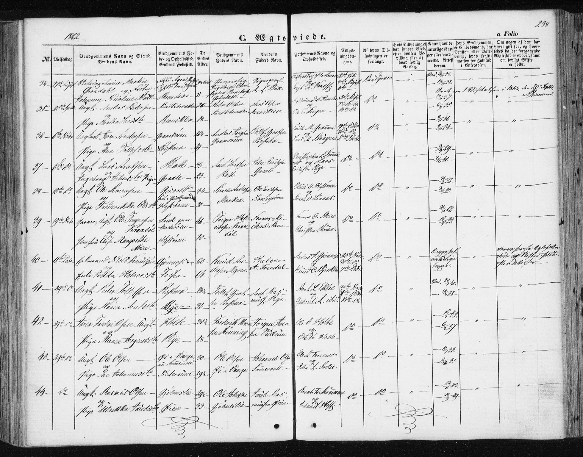 Ministerialprotokoller, klokkerbøker og fødselsregistre - Sør-Trøndelag, AV/SAT-A-1456/668/L0806: Parish register (official) no. 668A06, 1854-1869, p. 238