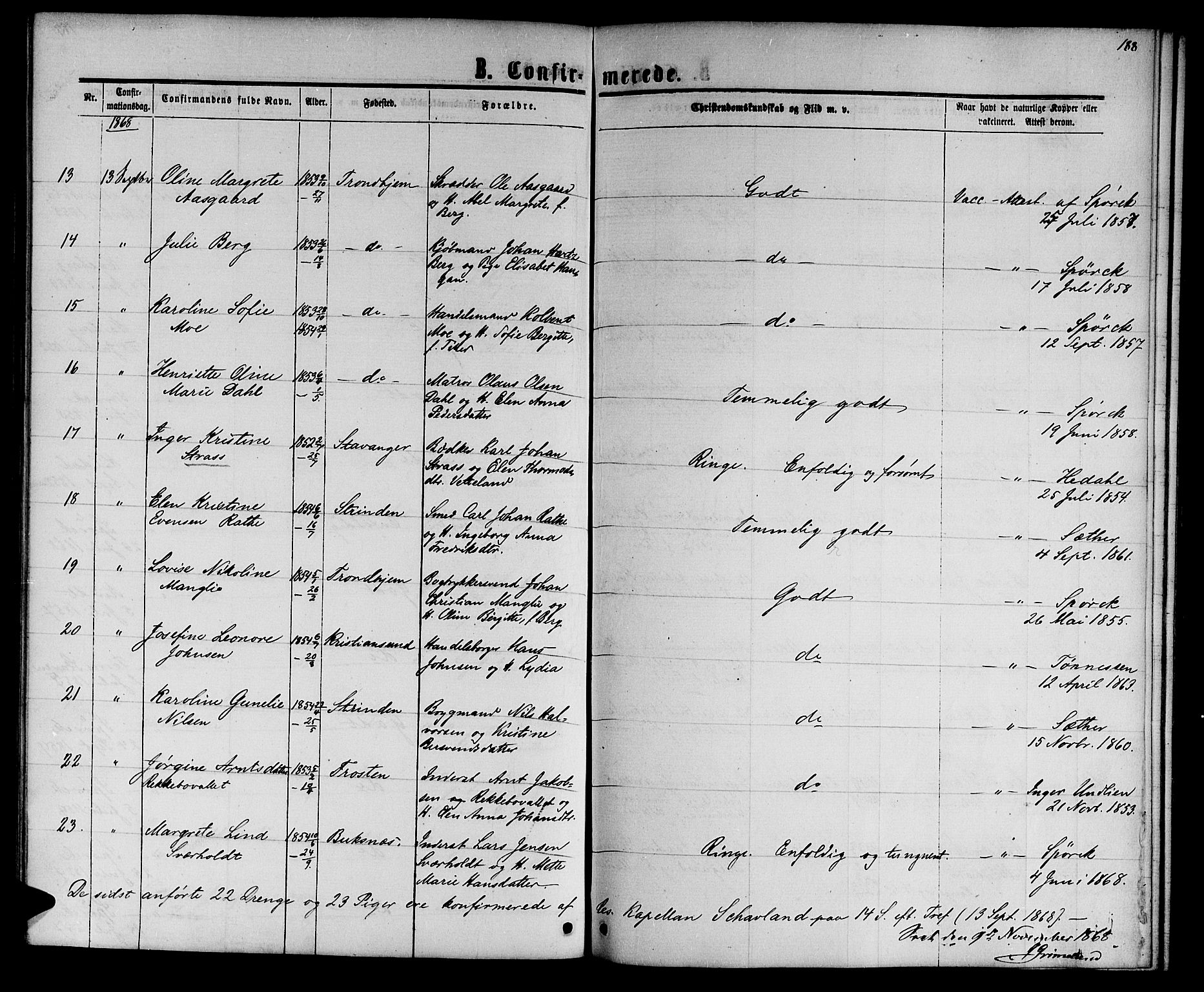 Ministerialprotokoller, klokkerbøker og fødselsregistre - Sør-Trøndelag, SAT/A-1456/601/L0087: Parish register (copy) no. 601C05, 1864-1881, p. 188