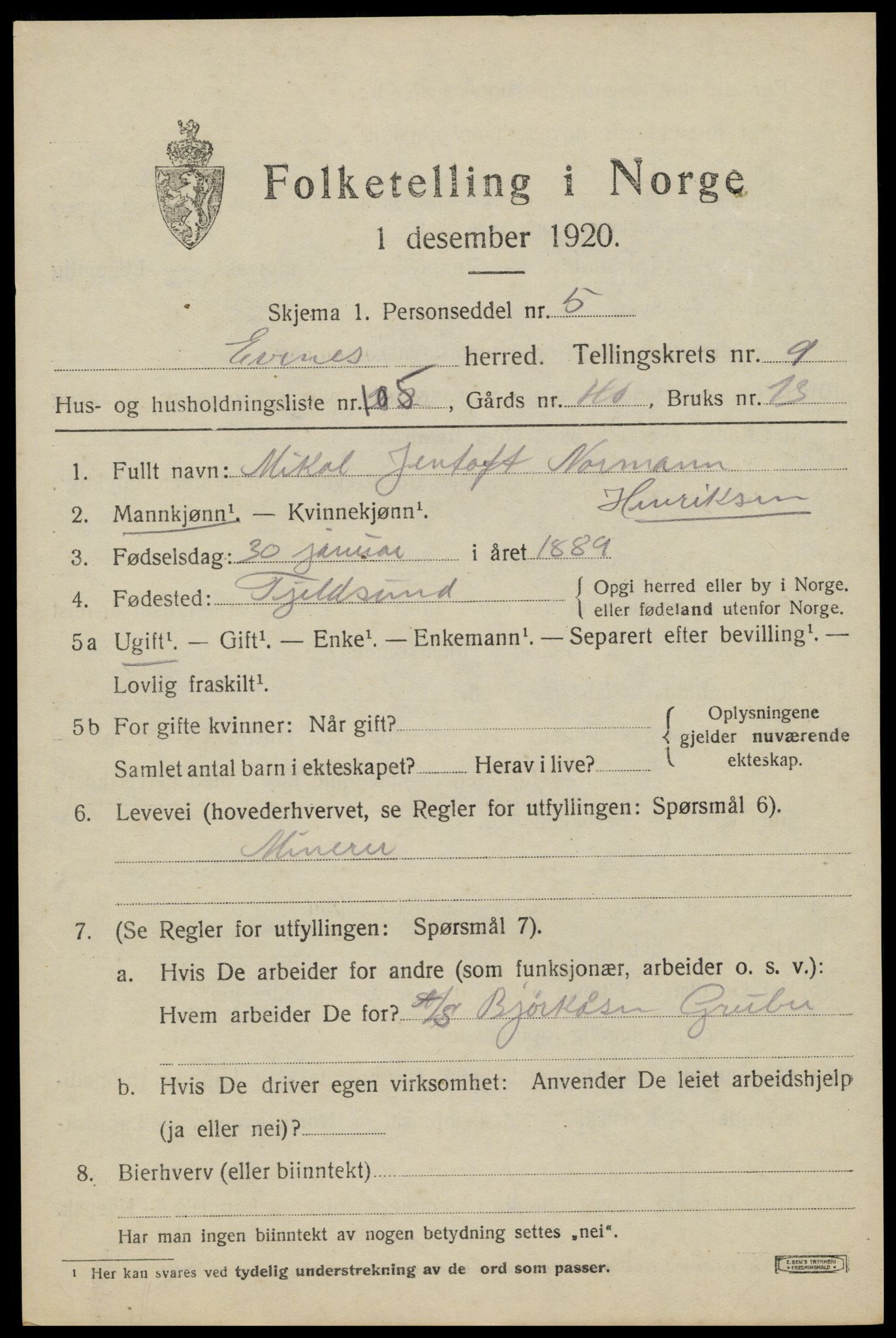 SAT, 1920 census for Evenes, 1920, p. 9162