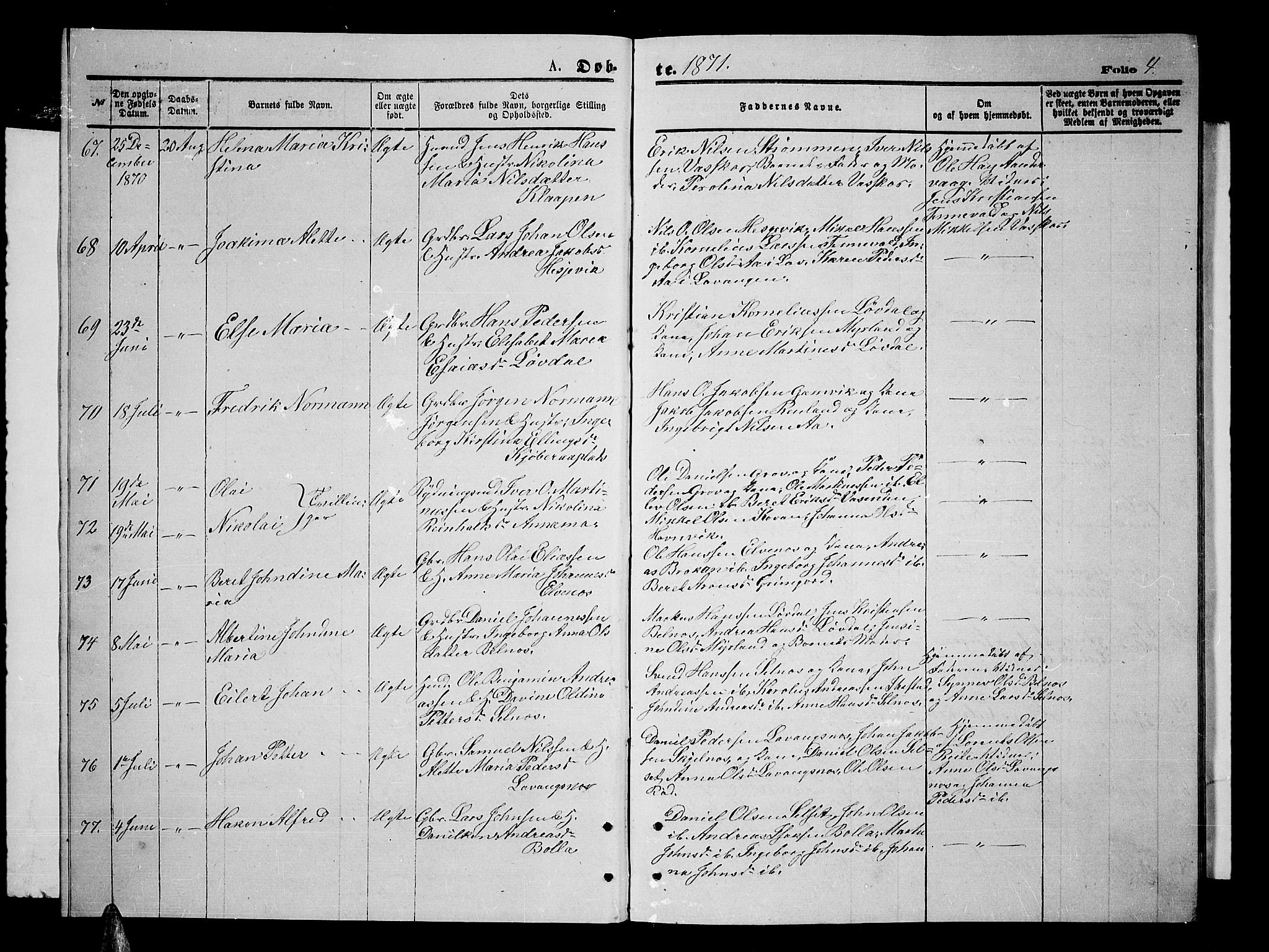 Ibestad sokneprestembete, AV/SATØ-S-0077/H/Ha/Hab/L0006klokker: Parish register (copy) no. 6, 1871-1879, p. 4