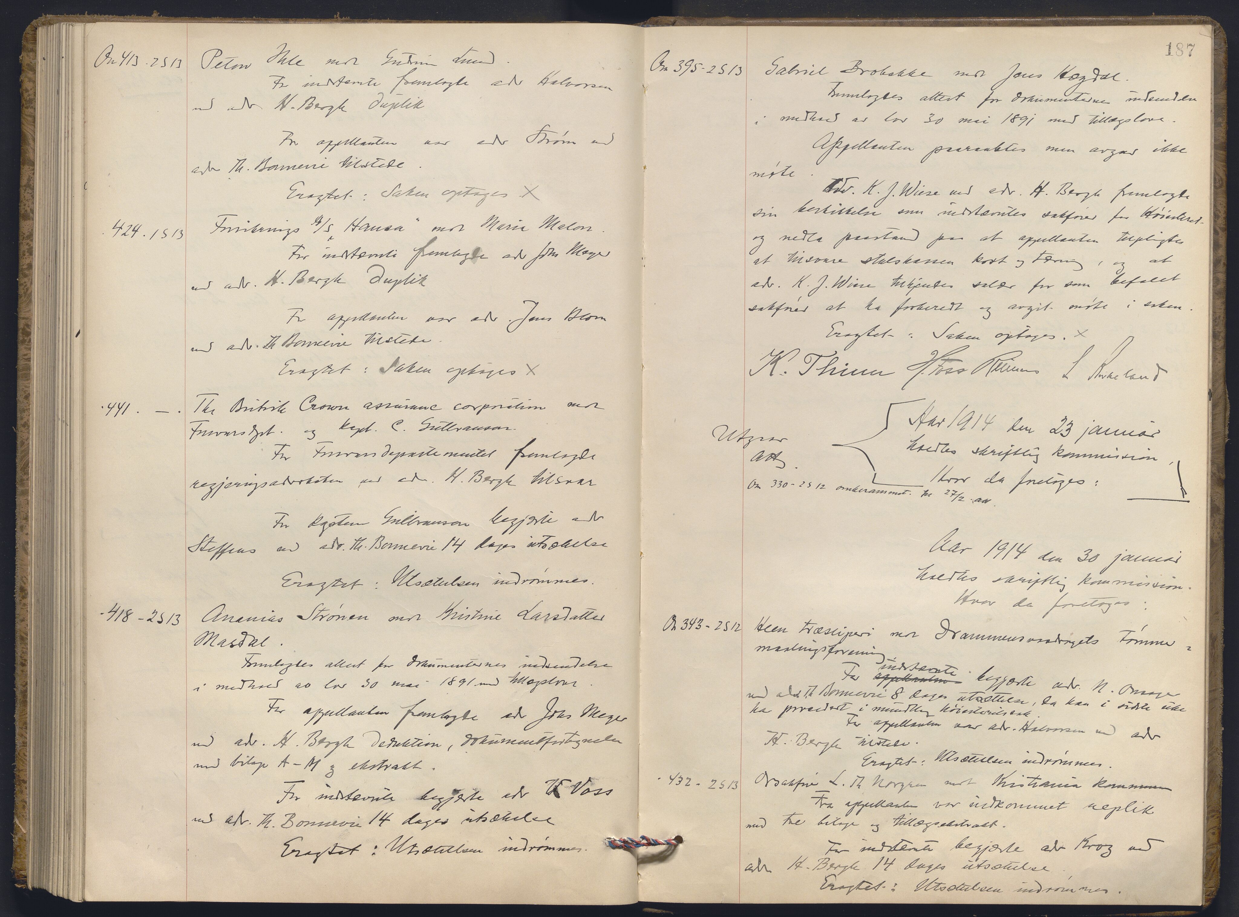 Høyesterett, AV/RA-S-1002/E/Ef/L0023: Protokoll over saker som gikk til skriftlig behandling, 1910-1914, p. 186b-187a