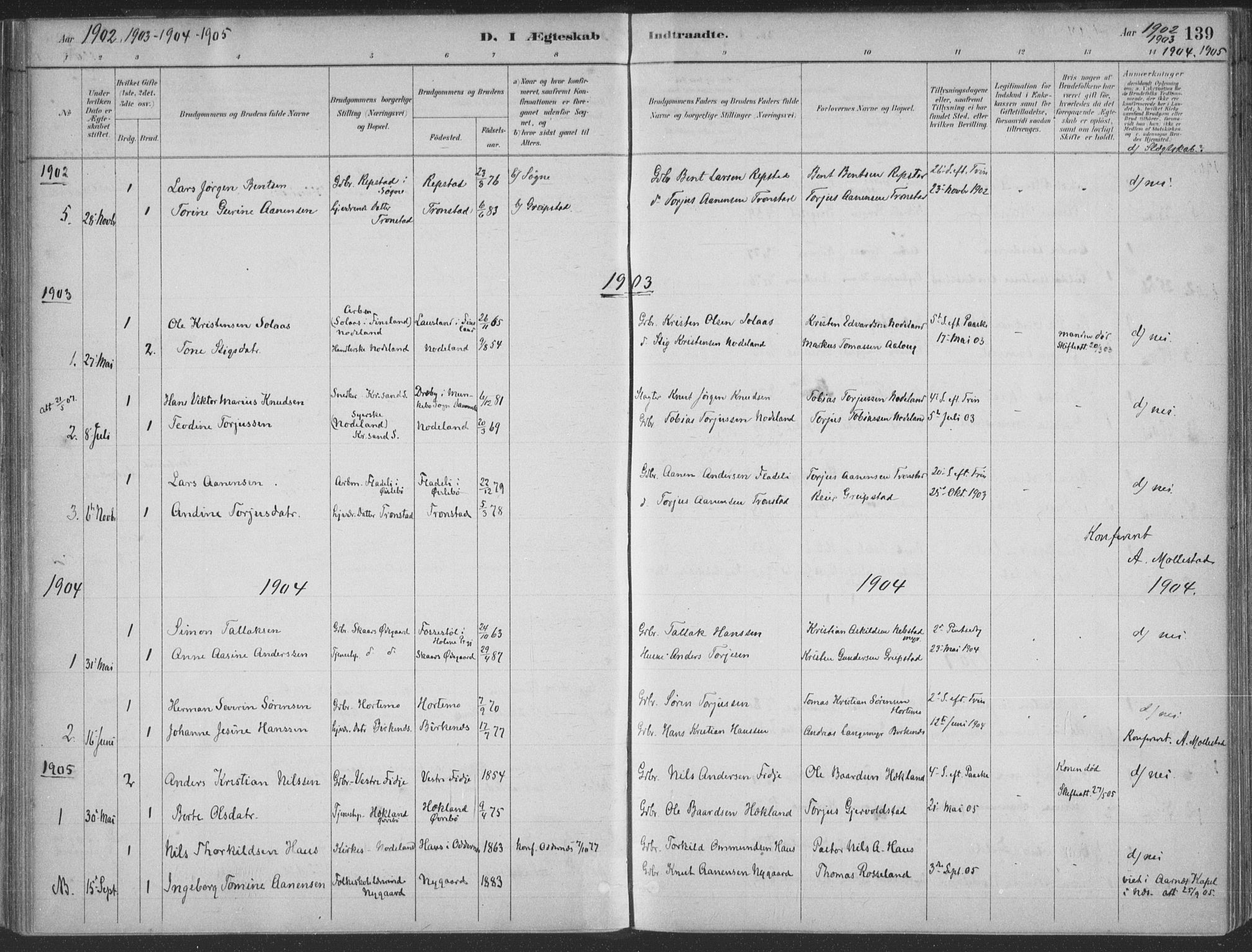 Søgne sokneprestkontor, SAK/1111-0037/F/Fa/Faa/L0003: Parish register (official) no. A 3, 1883-1910, p. 139