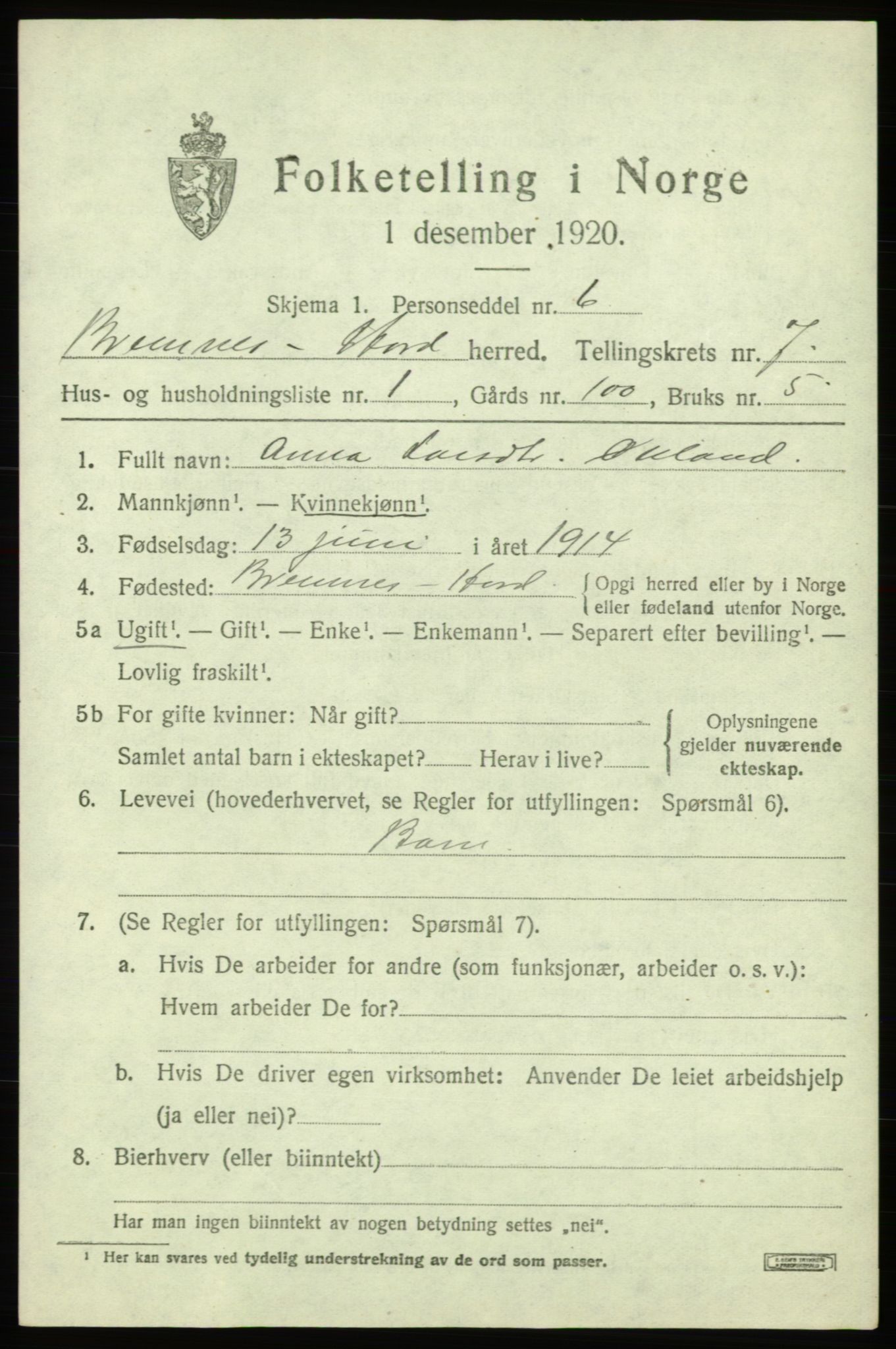 SAB, 1920 census for Bremnes, 1920, p. 4018
