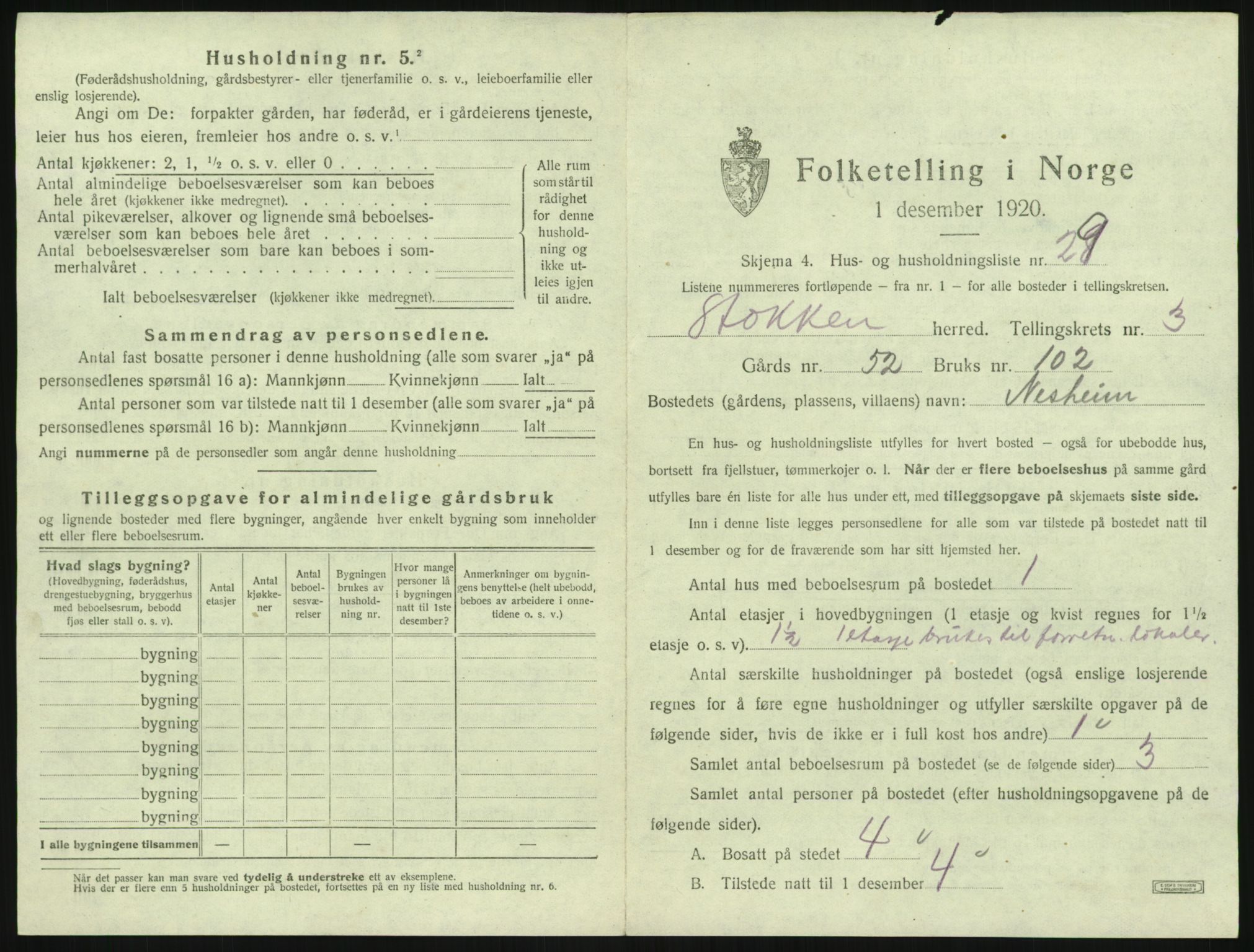 SAK, 1920 census for Stokken, 1920, p. 364