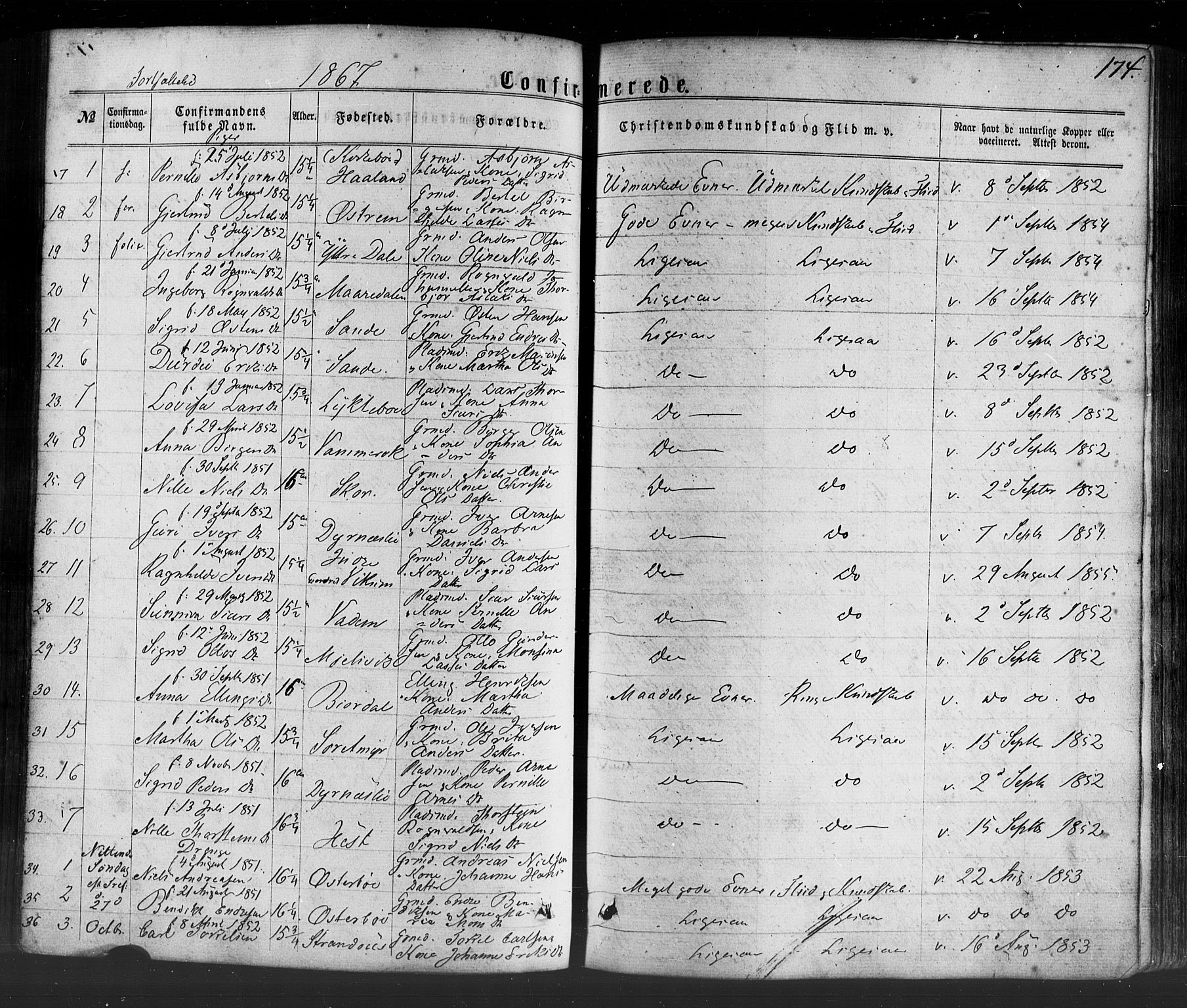 Lavik sokneprestembete, SAB/A-80901: Parish register (official) no. A 4, 1864-1881, p. 174