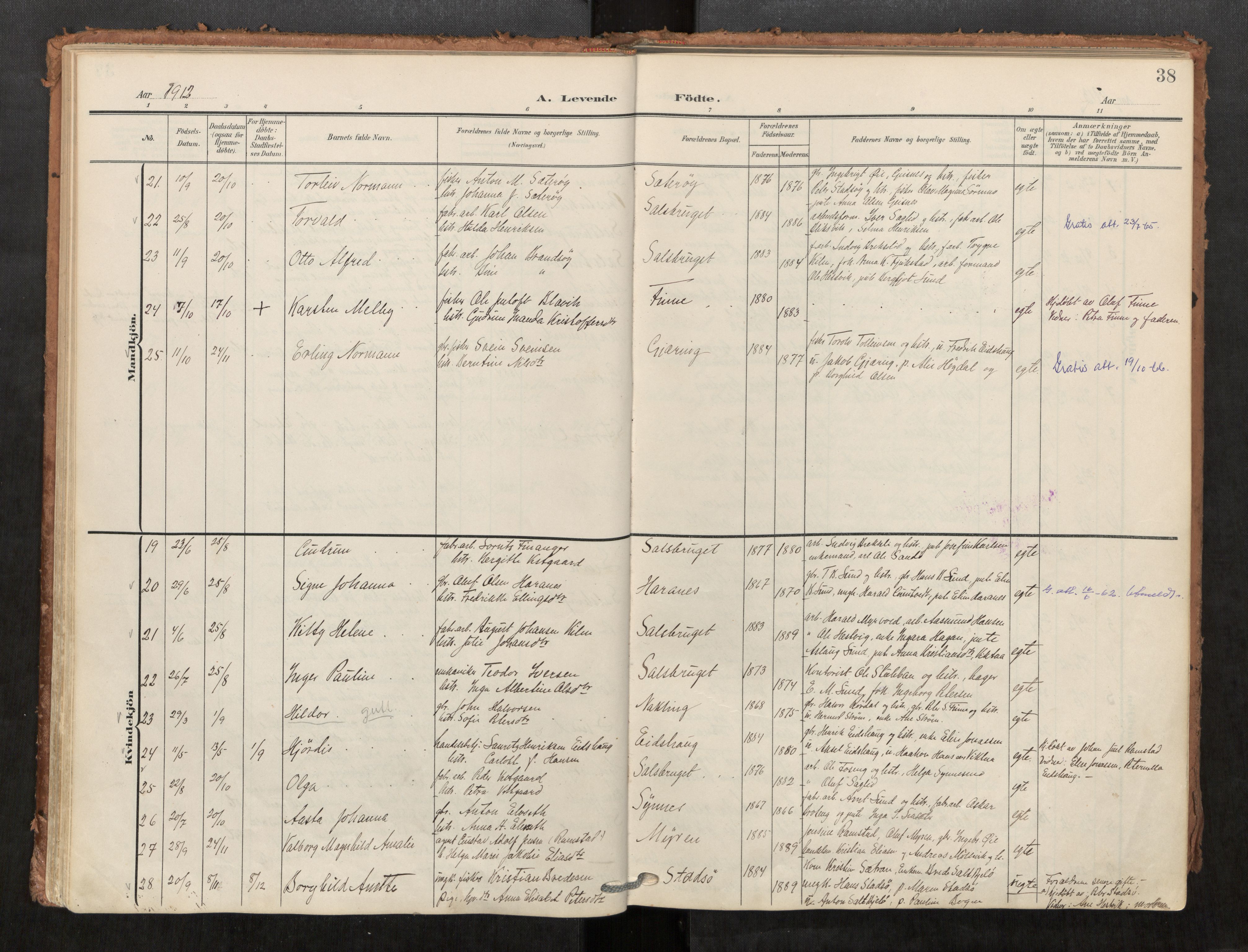 Kolvereid sokneprestkontor, SAT/A-1171/H/Ha/Haa/L0001: Parish register (official) no. 1, 1903-1922, p. 38