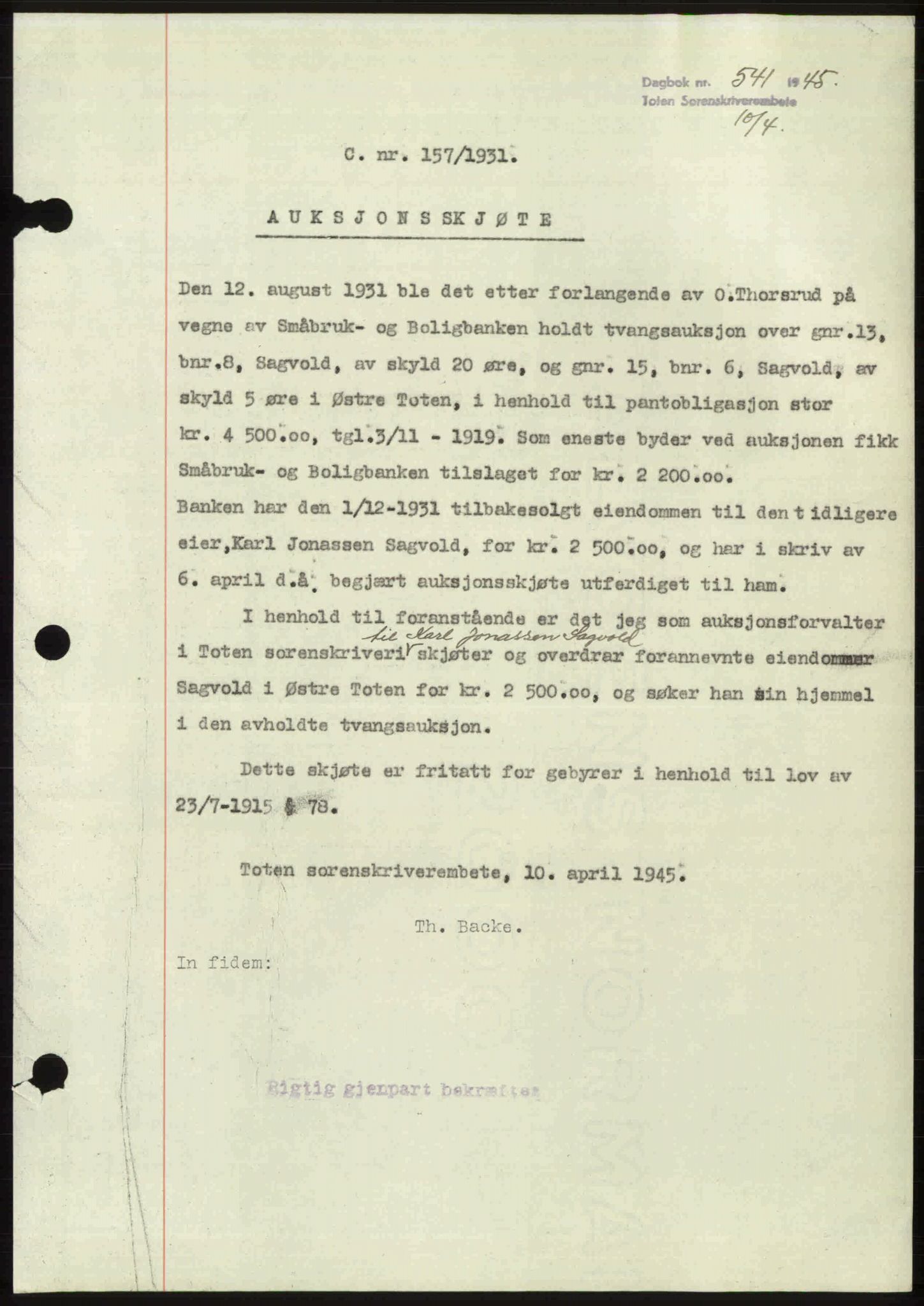 Toten tingrett, SAH/TING-006/H/Hb/Hbc/L0013: Mortgage book no. Hbc-13, 1945-1945, Diary no: : 541/1945