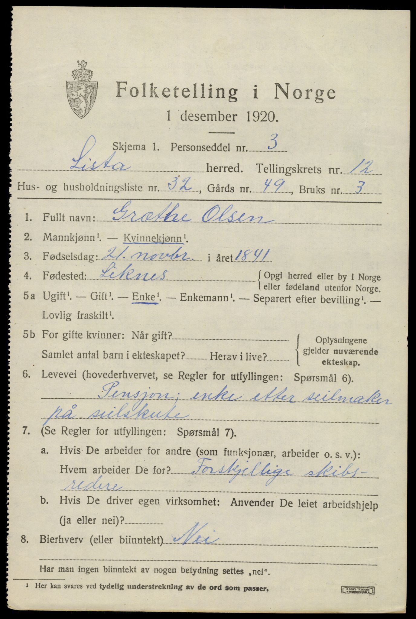 SAK, 1920 census for Lista, 1920, p. 11795