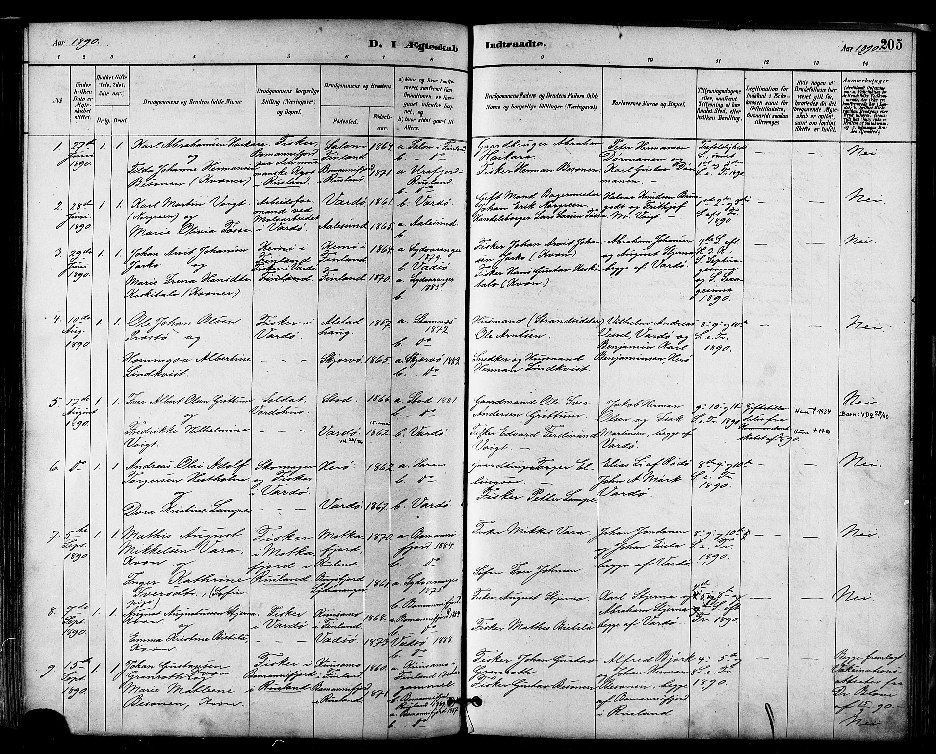 Vardø sokneprestkontor, SATØ/S-1332/H/Ha/L0007kirke: Parish register (official) no. 7, 1886-1897, p. 205