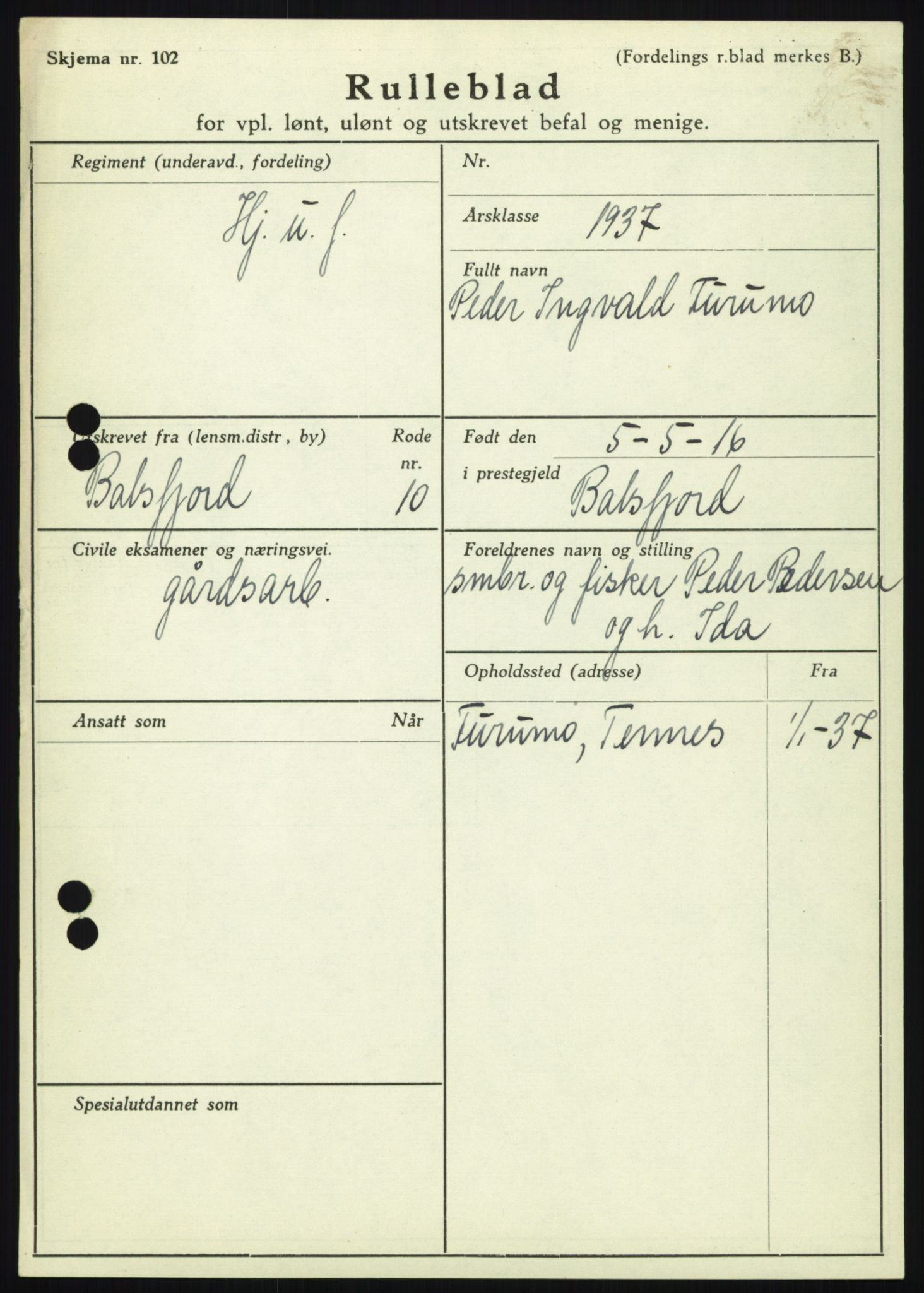 Forsvaret, Troms infanteriregiment nr. 16, AV/RA-RAFA-3146/P/Pa/L0021: Rulleblad for regimentets menige mannskaper, årsklasse 1937, 1937, p. 193