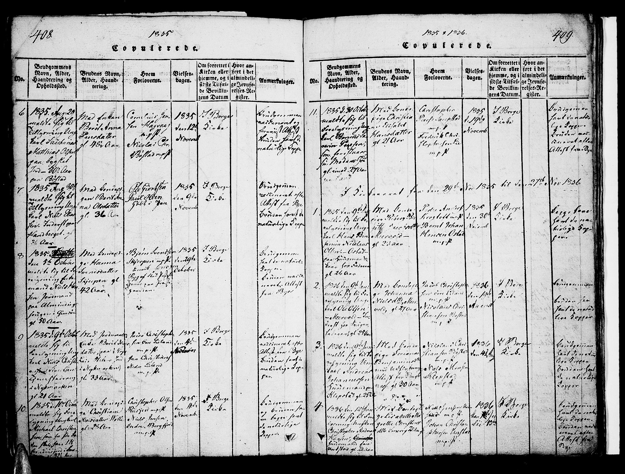 Ministerialprotokoller, klokkerbøker og fødselsregistre - Nordland, AV/SAT-A-1459/880/L1130: Parish register (official) no. 880A04, 1821-1843, p. 408-409