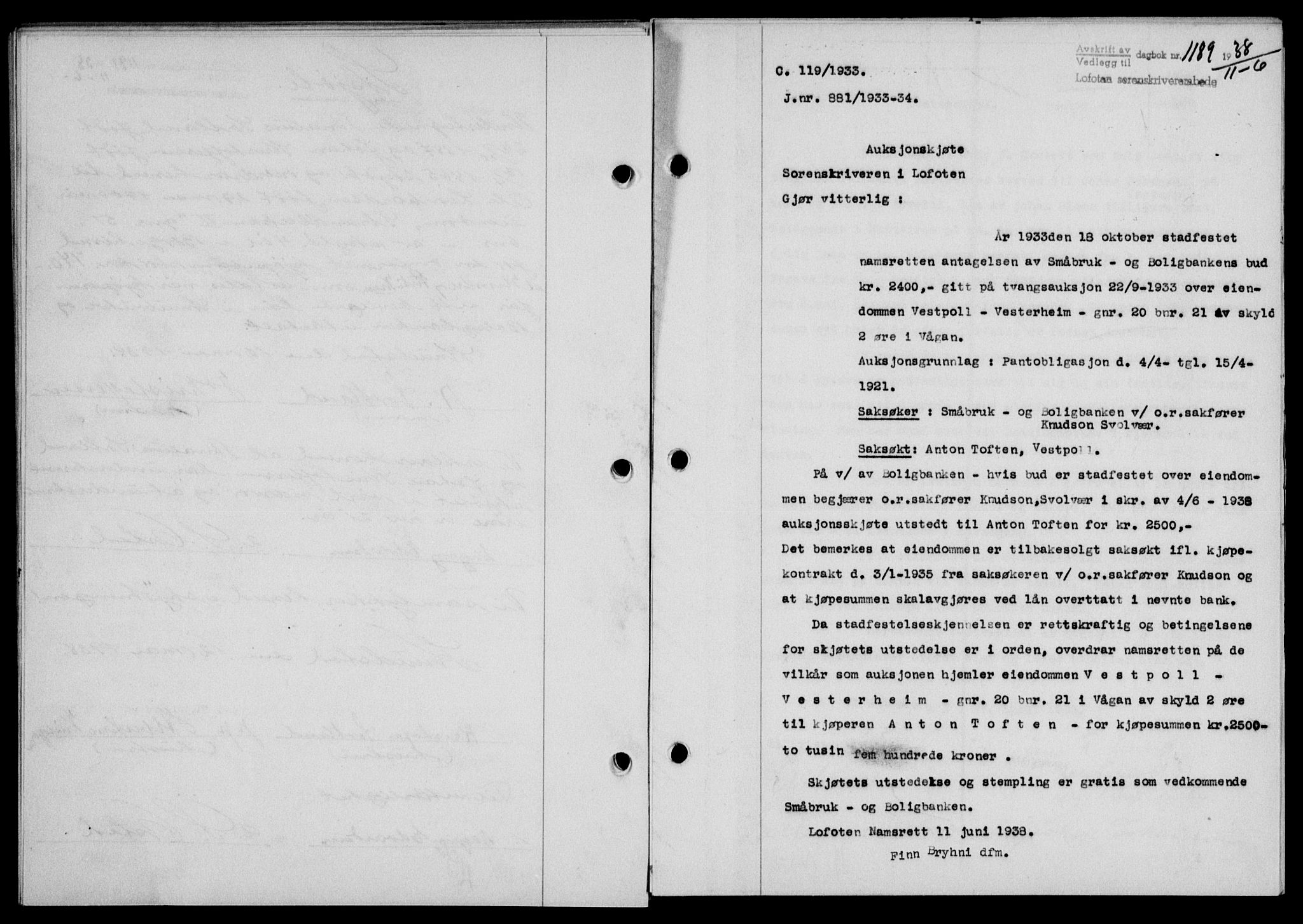 Lofoten sorenskriveri, SAT/A-0017/1/2/2C/L0004a: Mortgage book no. 4a, 1938-1938, Diary no: : 1189/1938